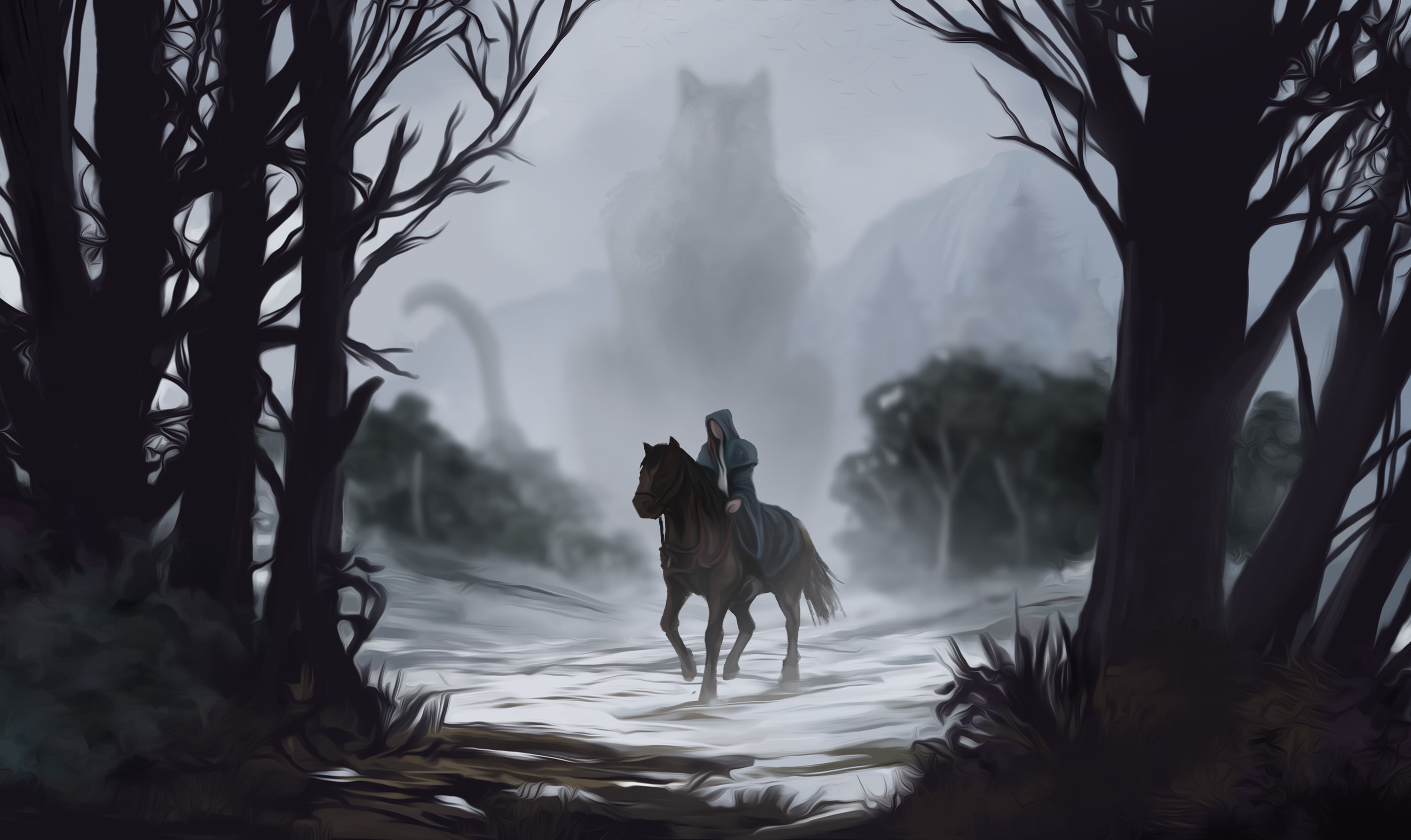 A hooded figure on horseback in a foggy forest with a giant creature behind HD Wallpaper