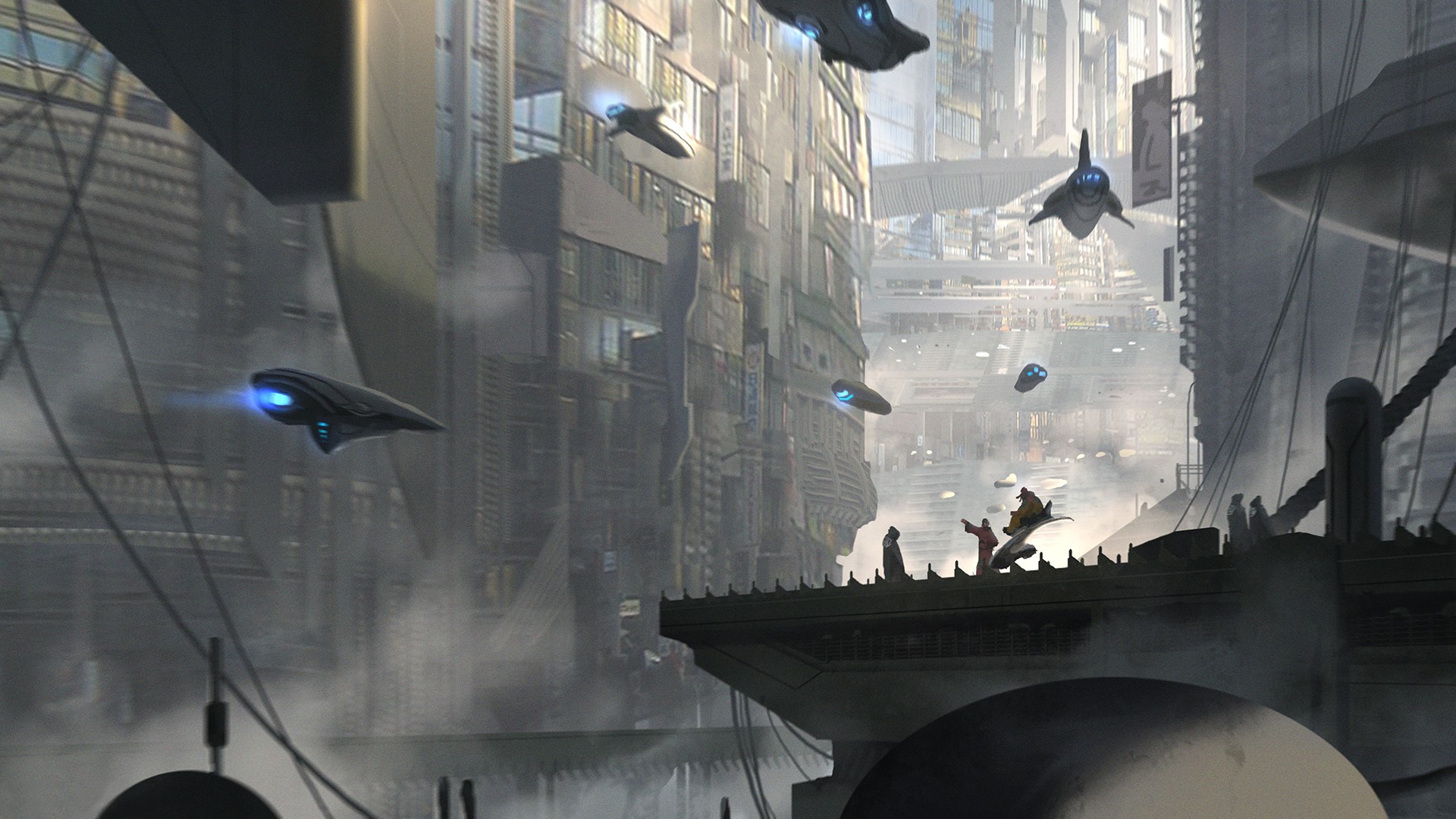 Futuristic city with flying vehicles and people on a rooftop HD Wallpaper