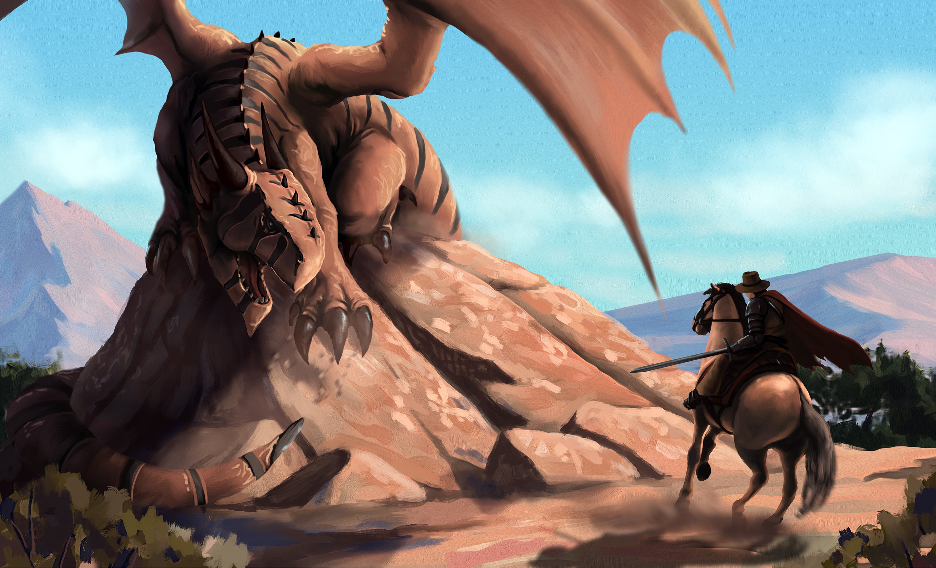 Dragon and Cowboy on Horseback HD Wallpaper
