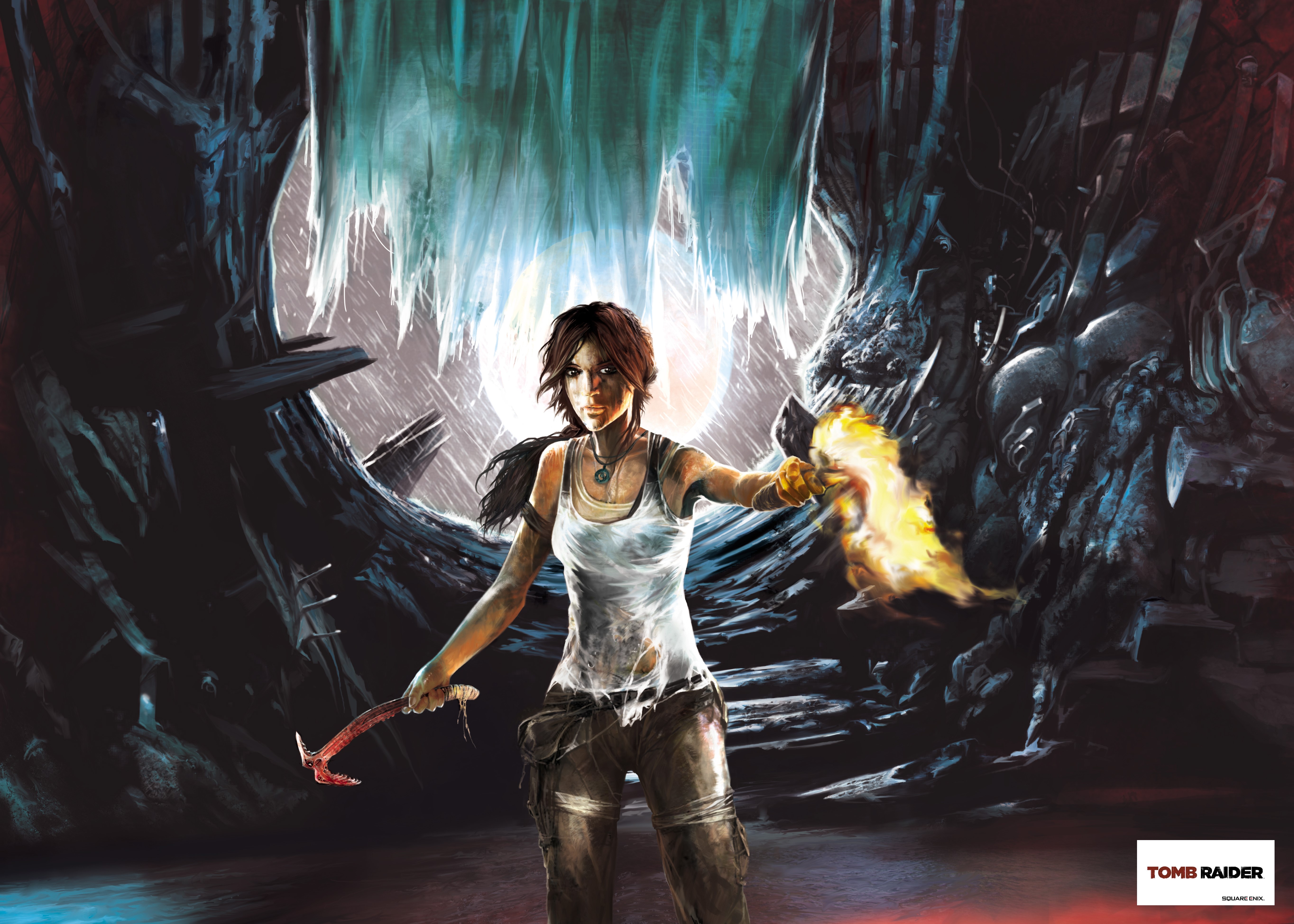 Lara Croft from Tomb Raider holding a torch in a cave HD Wallpaper