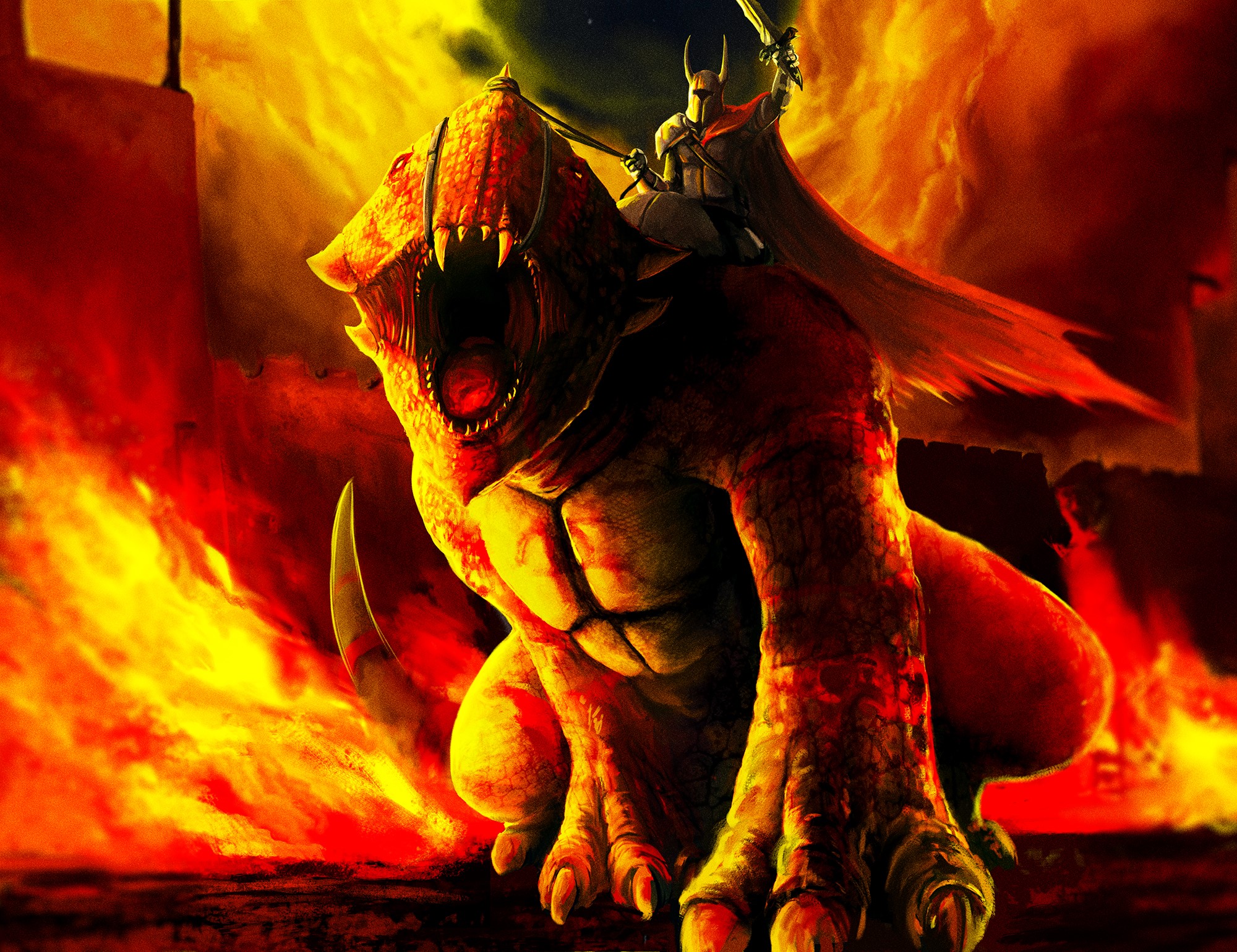 Knight riding a roaring dragon amidst fire HD Wallpaper