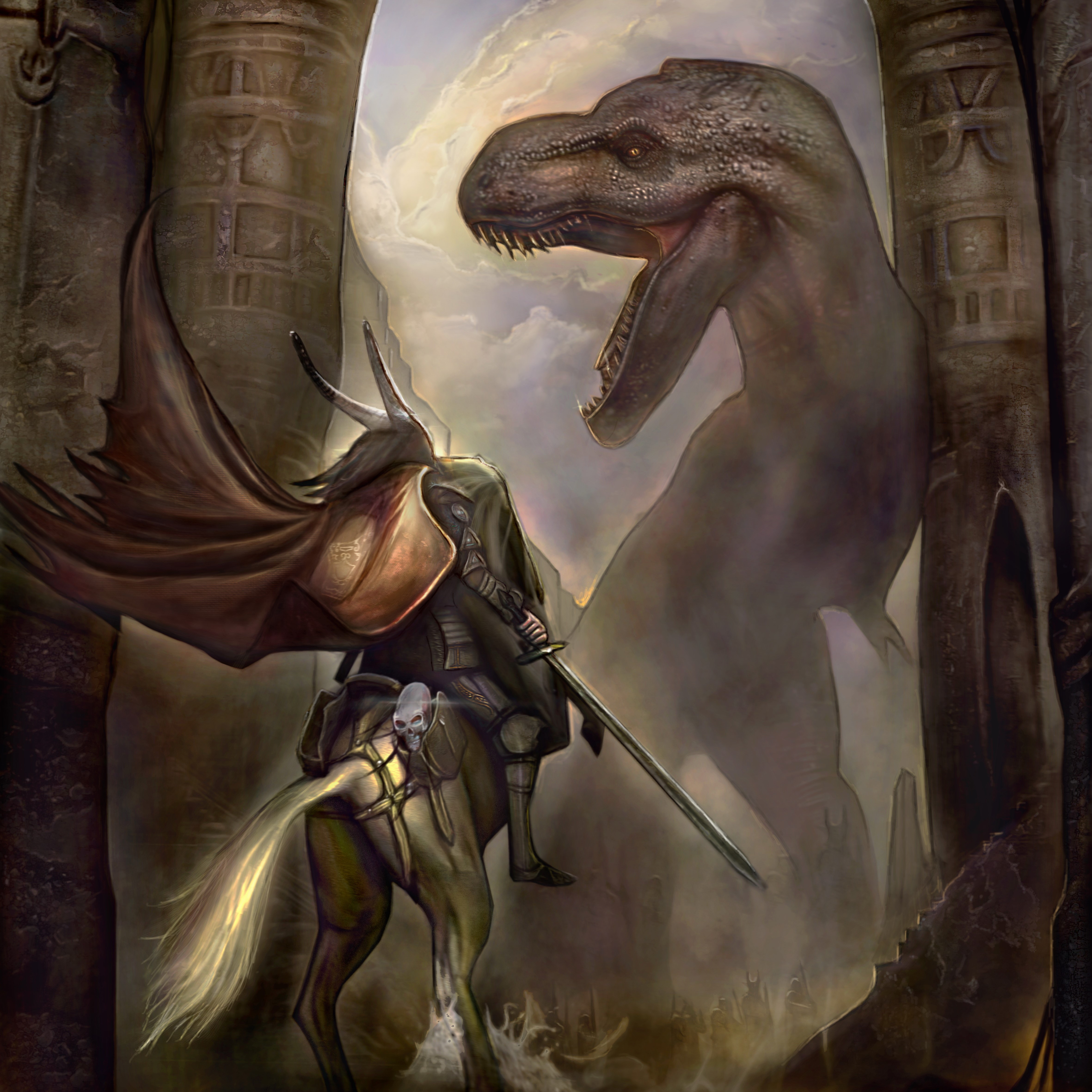 Knight on Horse Confronts Dinosaur HD Wallpaper