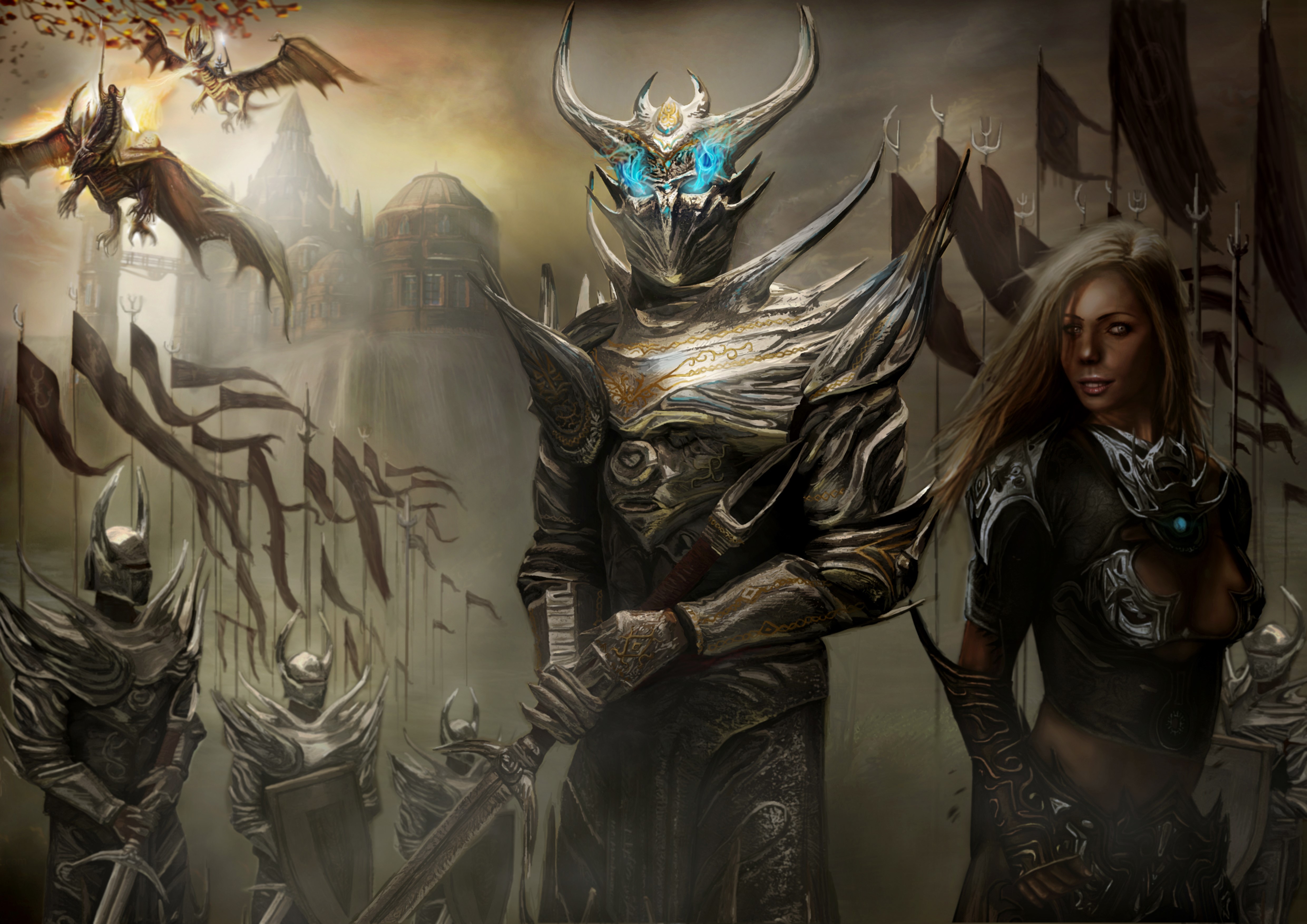 Warriors in ornate armor with dragons and banners HD Wallpaper