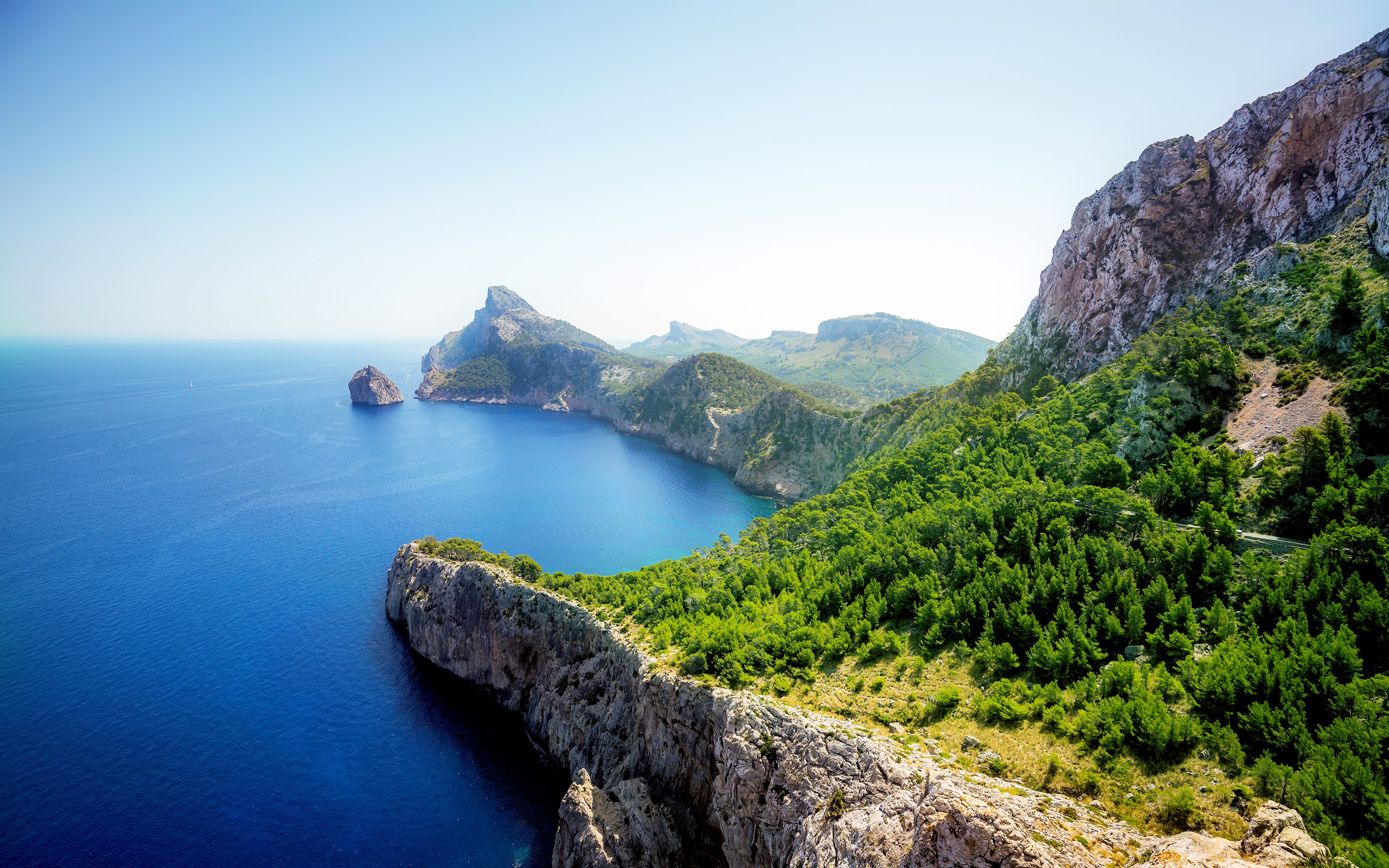 Rocky coast with green trees and blue sea HD Wallpaper