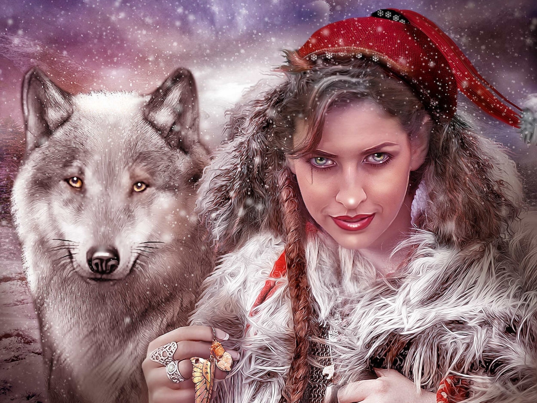 Woman and wolf in snowy landscape HD Wallpaper