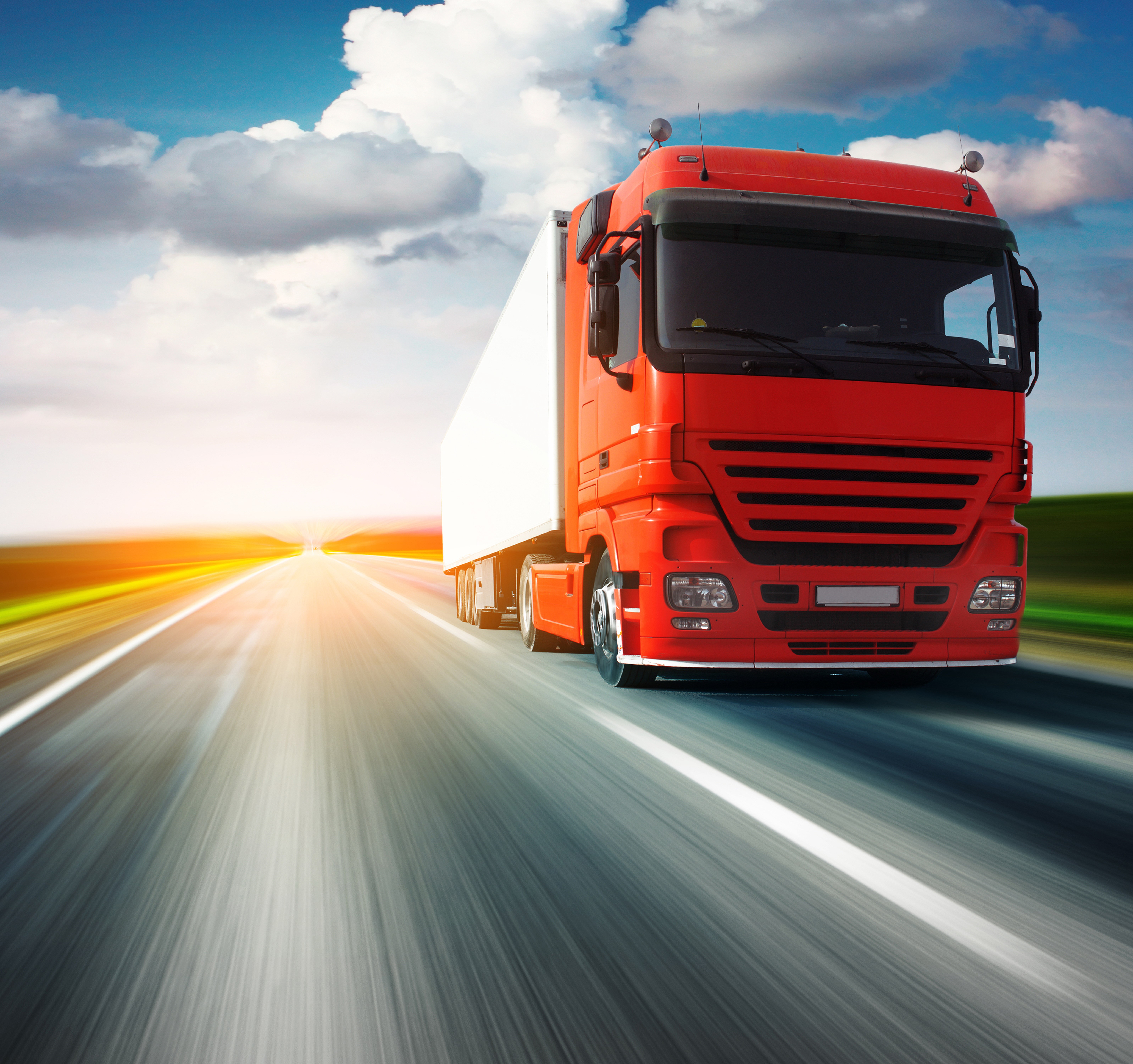 Red Truck Driving on Highway HD Wallpaper
