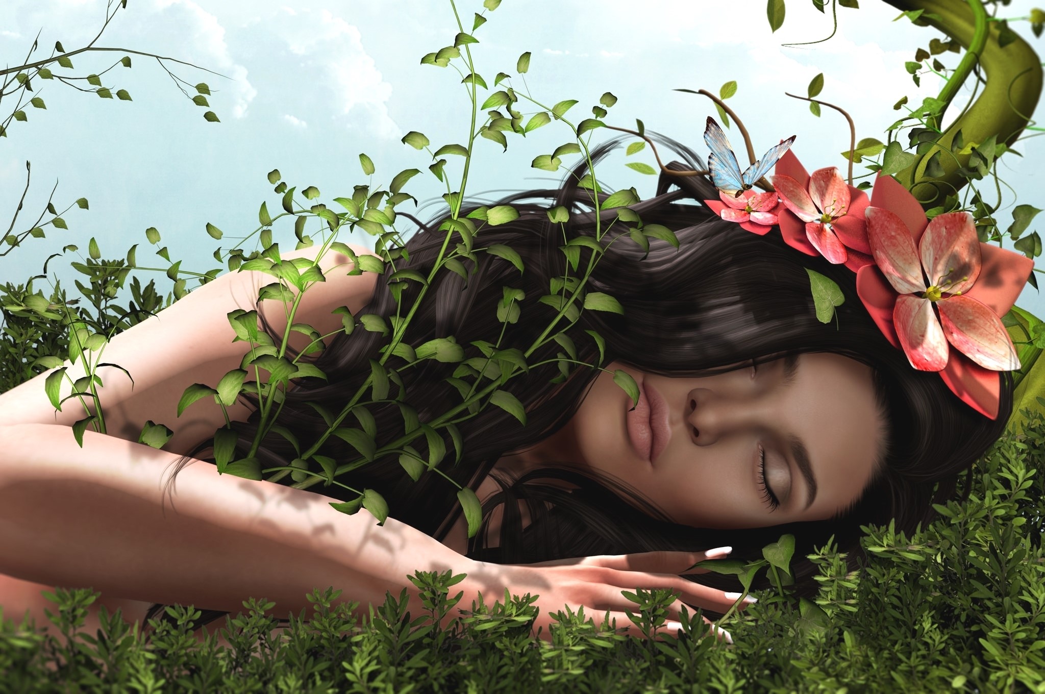 Brunette girl sleeping in grass with flowers and butterfly HD Wallpaper