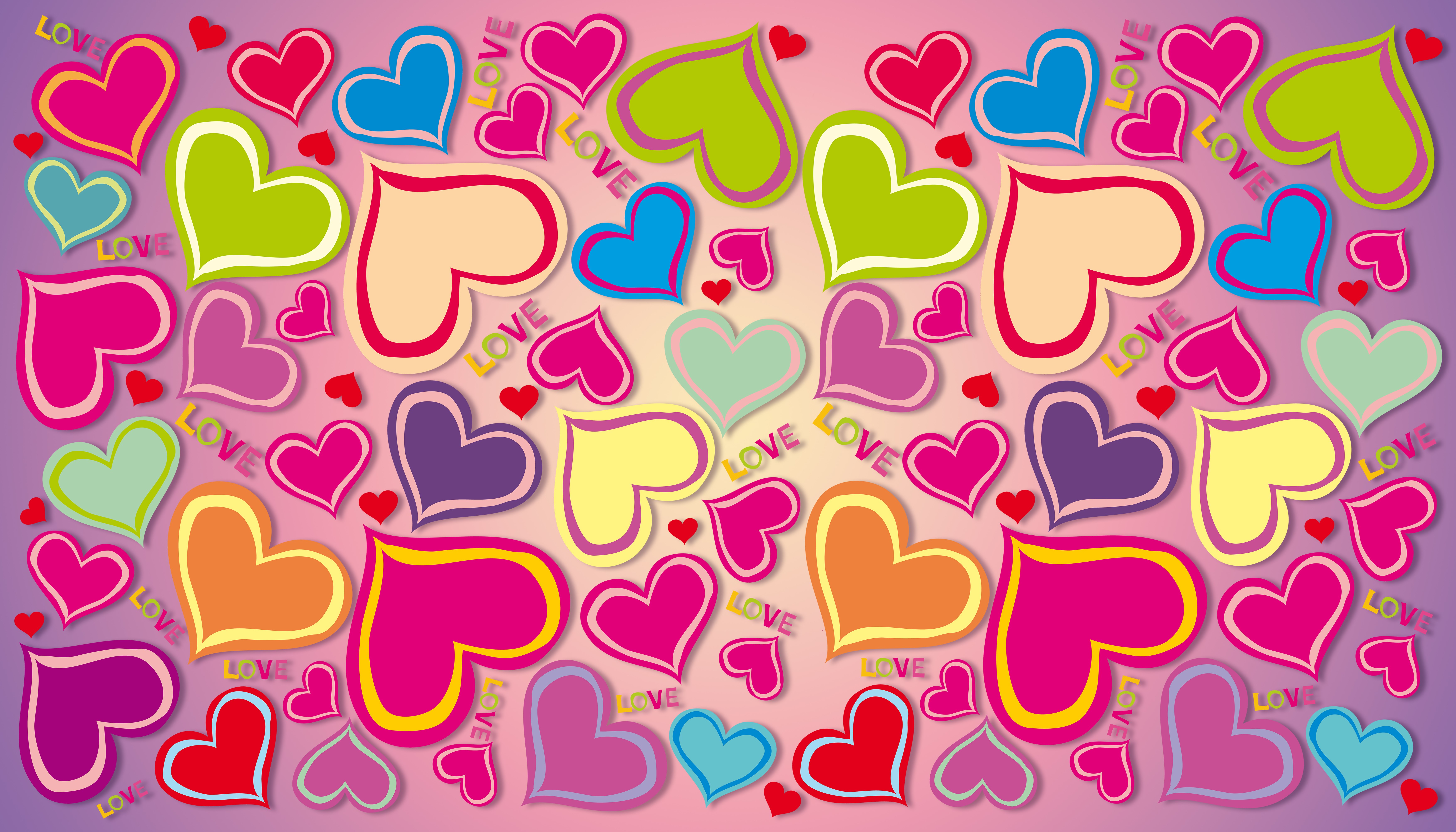 Colorful Hearts with "LOVE" text HD Wallpaper