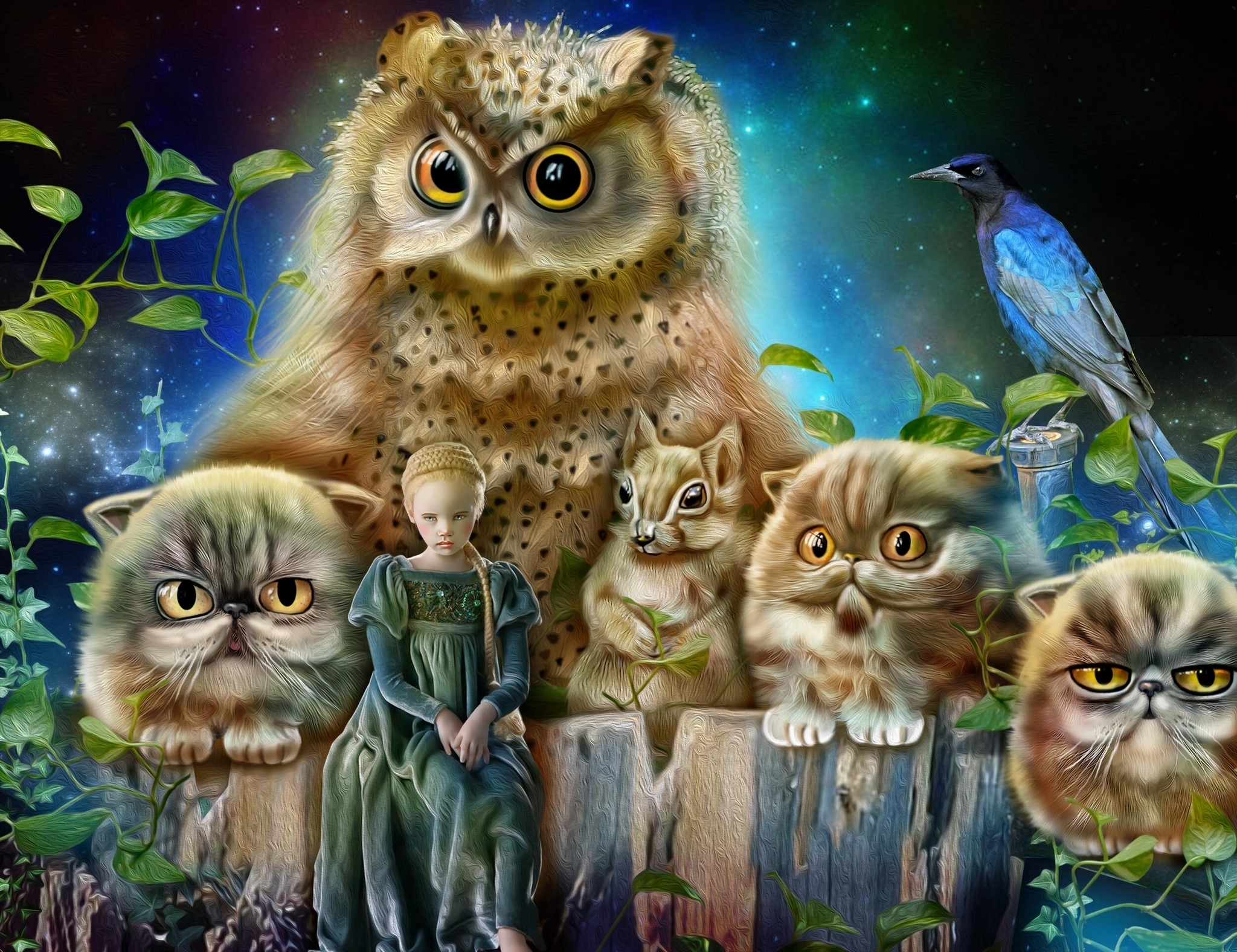 Fantasy scene with owl, cats, squirrel, girl, and bird HD Wallpaper