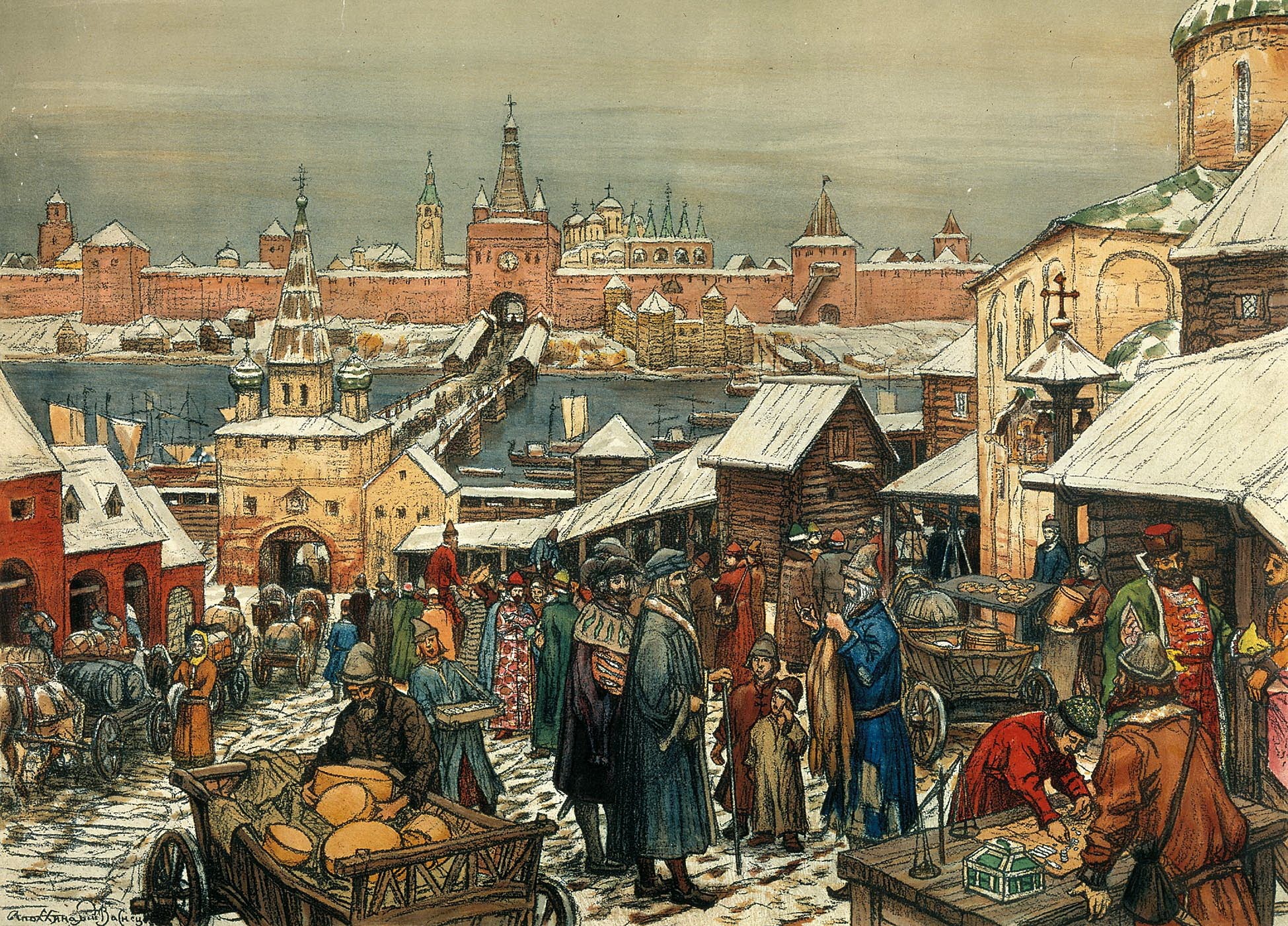 Apollinary Vasnetsov's Novgorod Marketplace in Winter HD Wallpaper