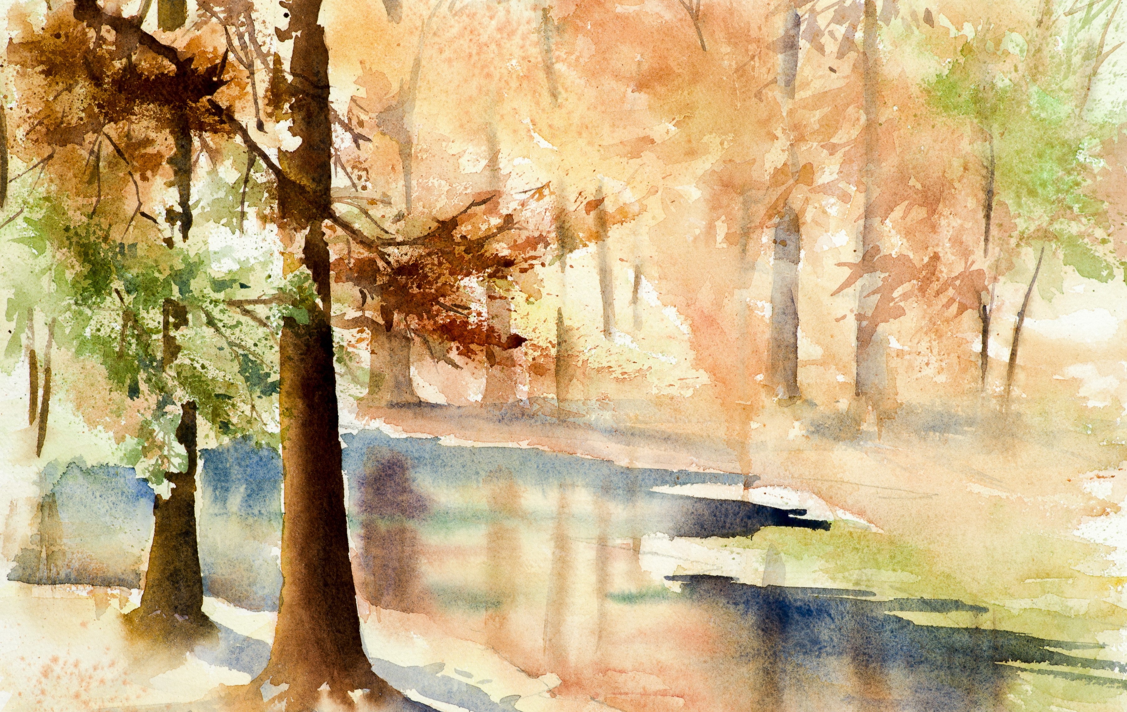 Watercolor painting of a forest with a stream HD Wallpaper