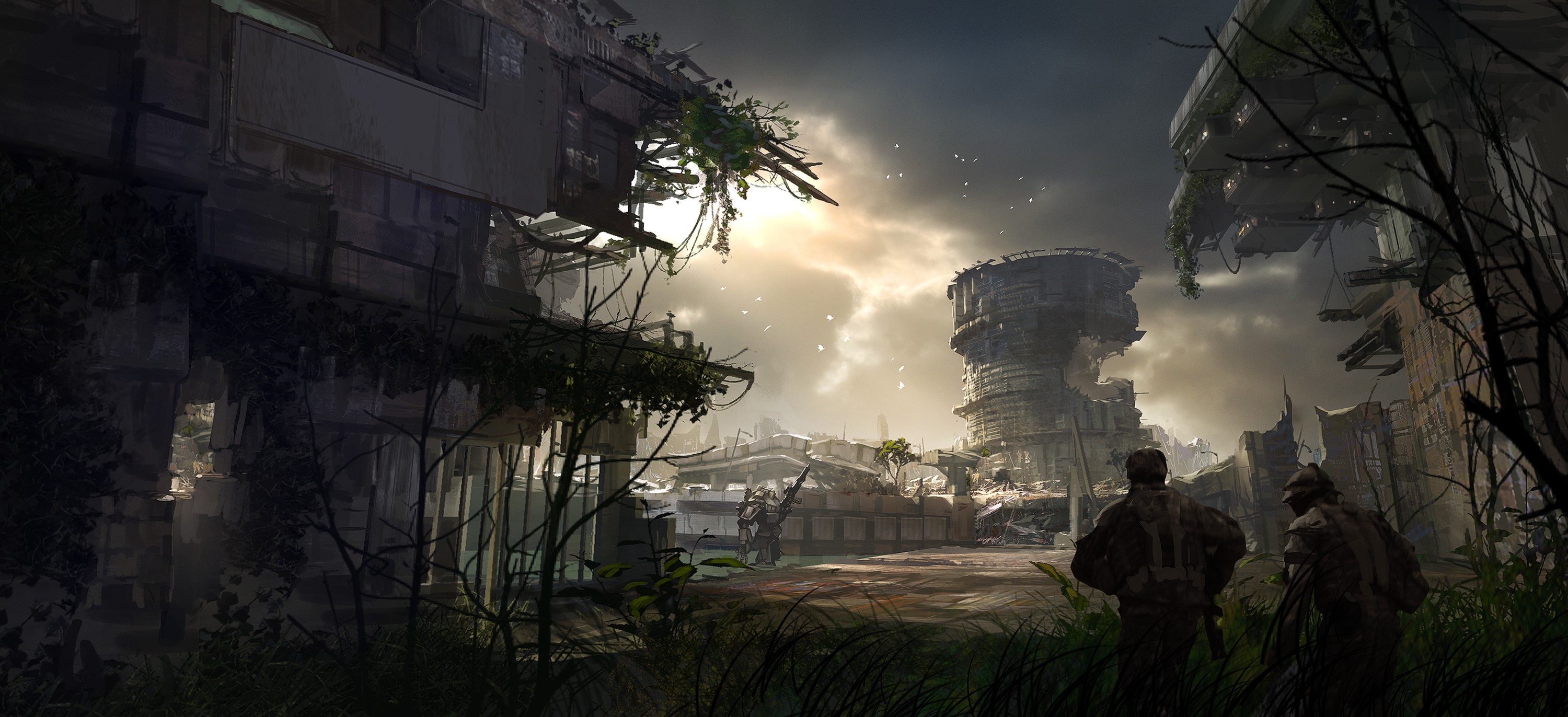 Soldiers in a ruined city with a tall tower HD Wallpaper