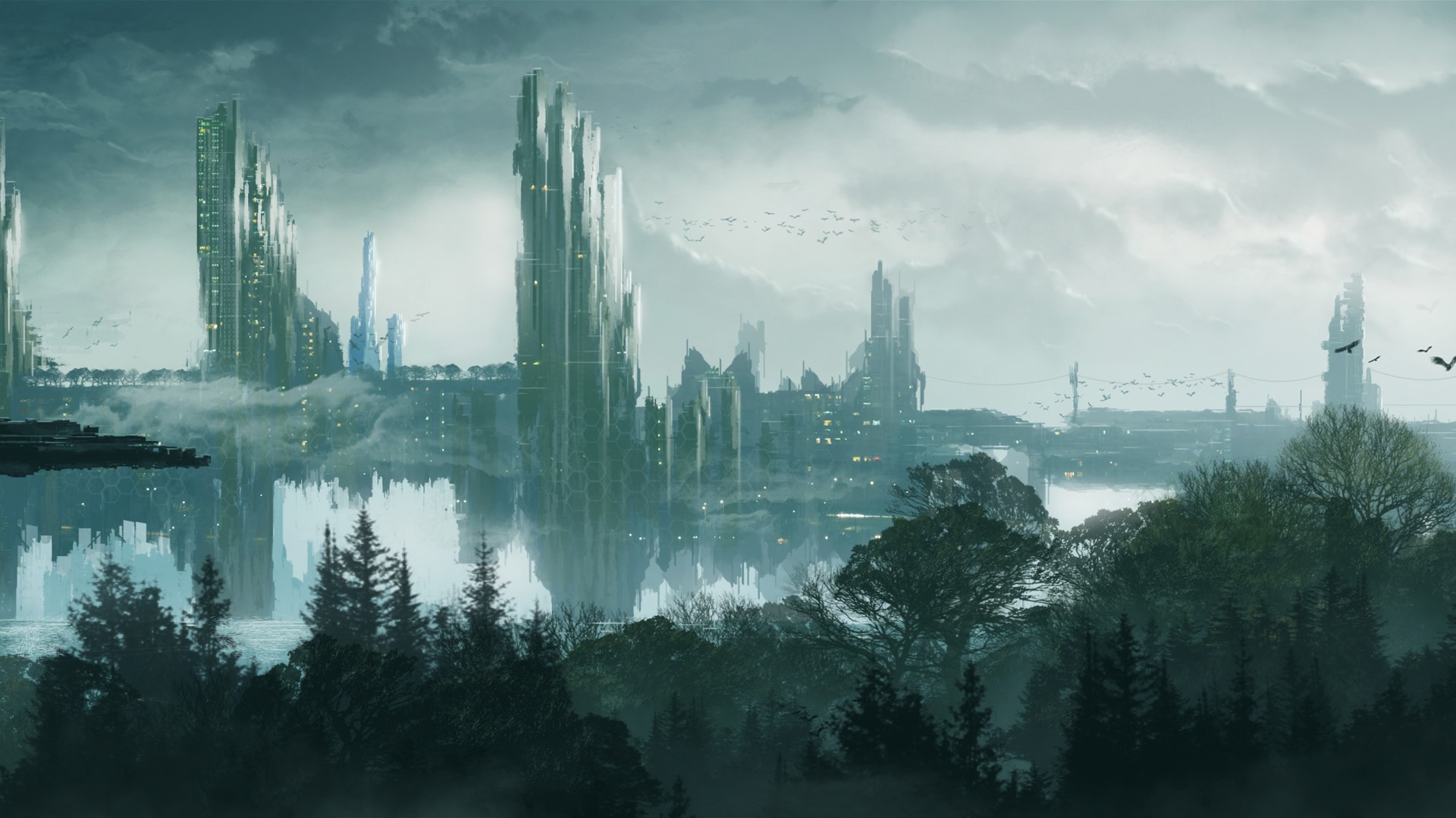 Futuristic city reflected in water with forest foreground HD Wallpaper