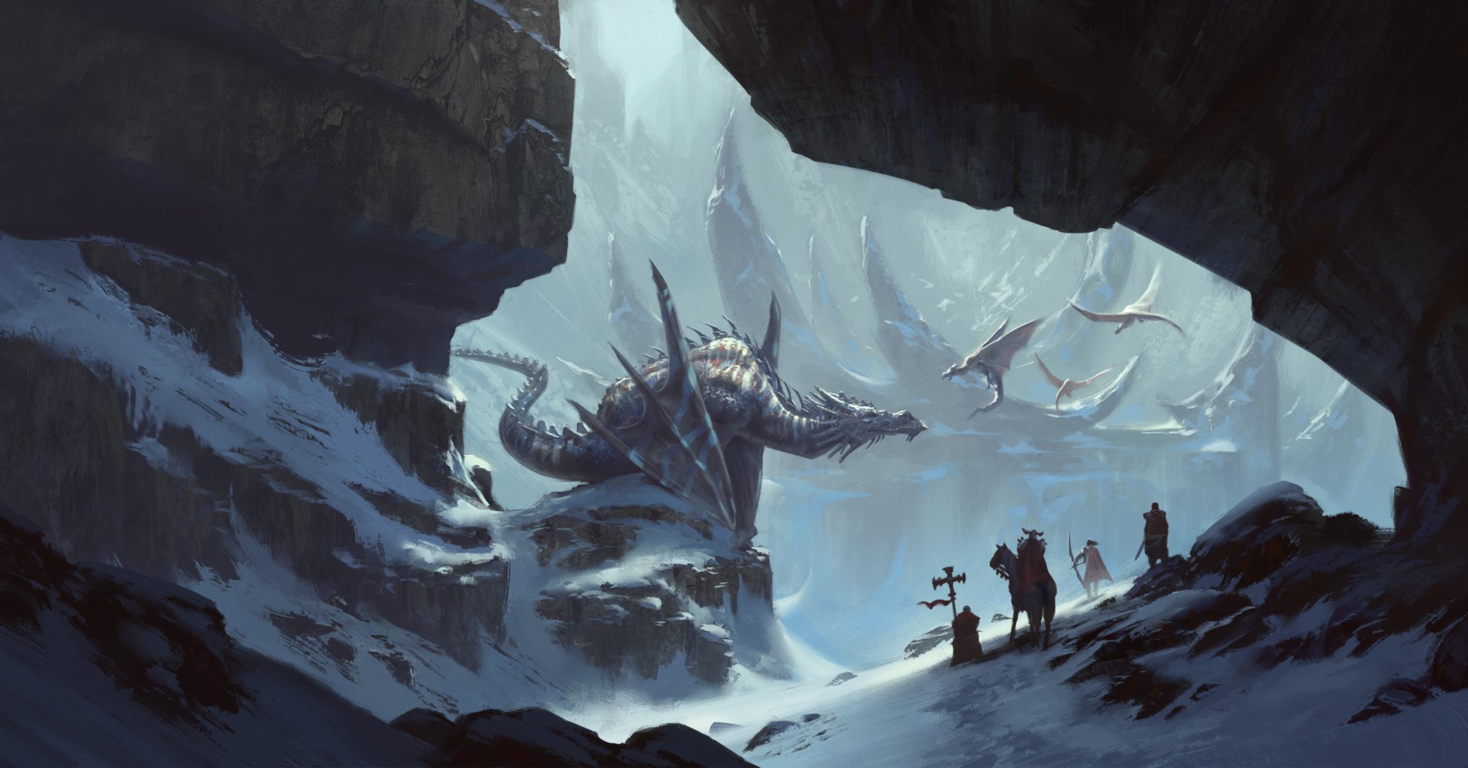 Dragons in a snowy mountain crag with knights HD Wallpaper