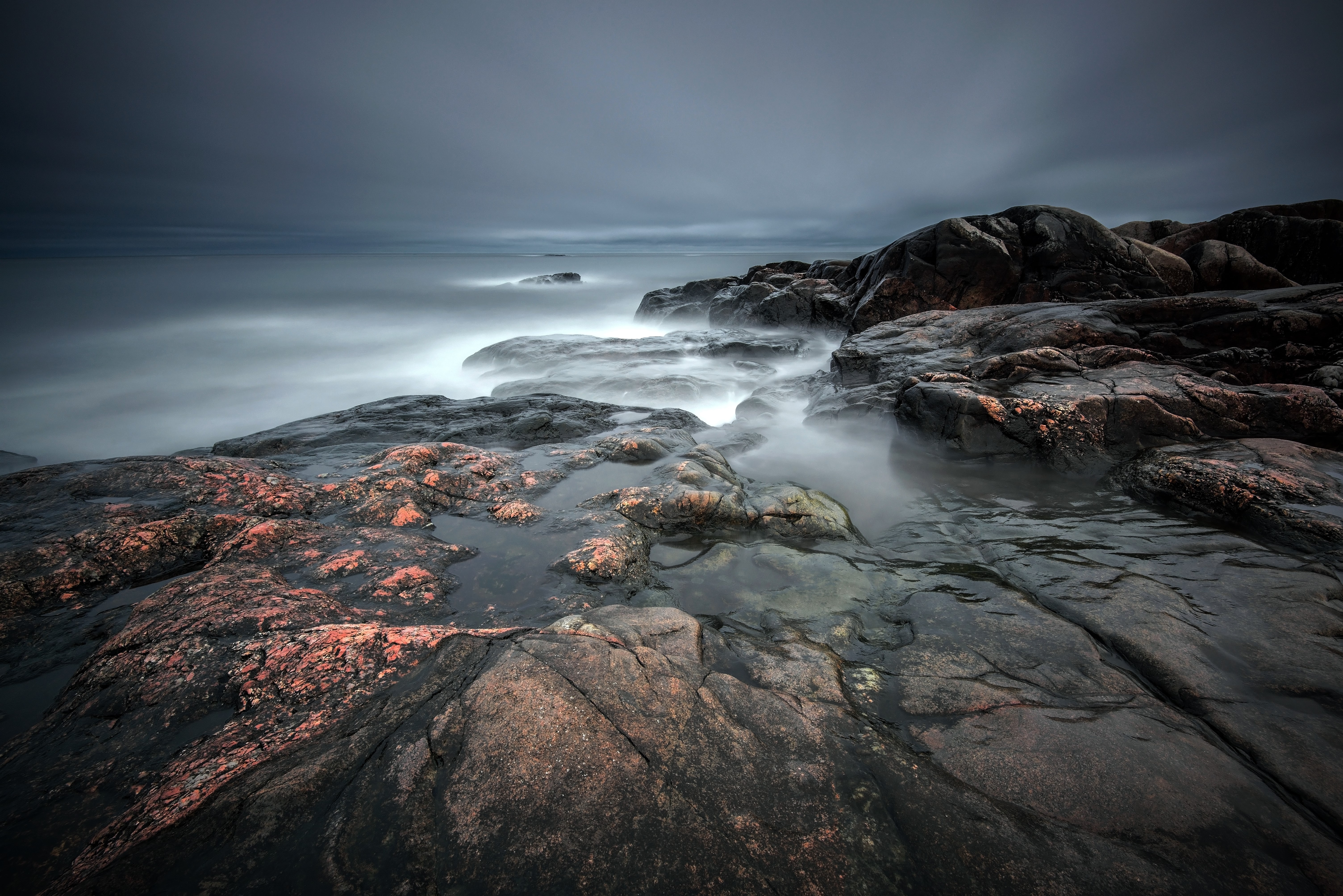 Rocky Coastline with Foggy Sea HD Wallpaper