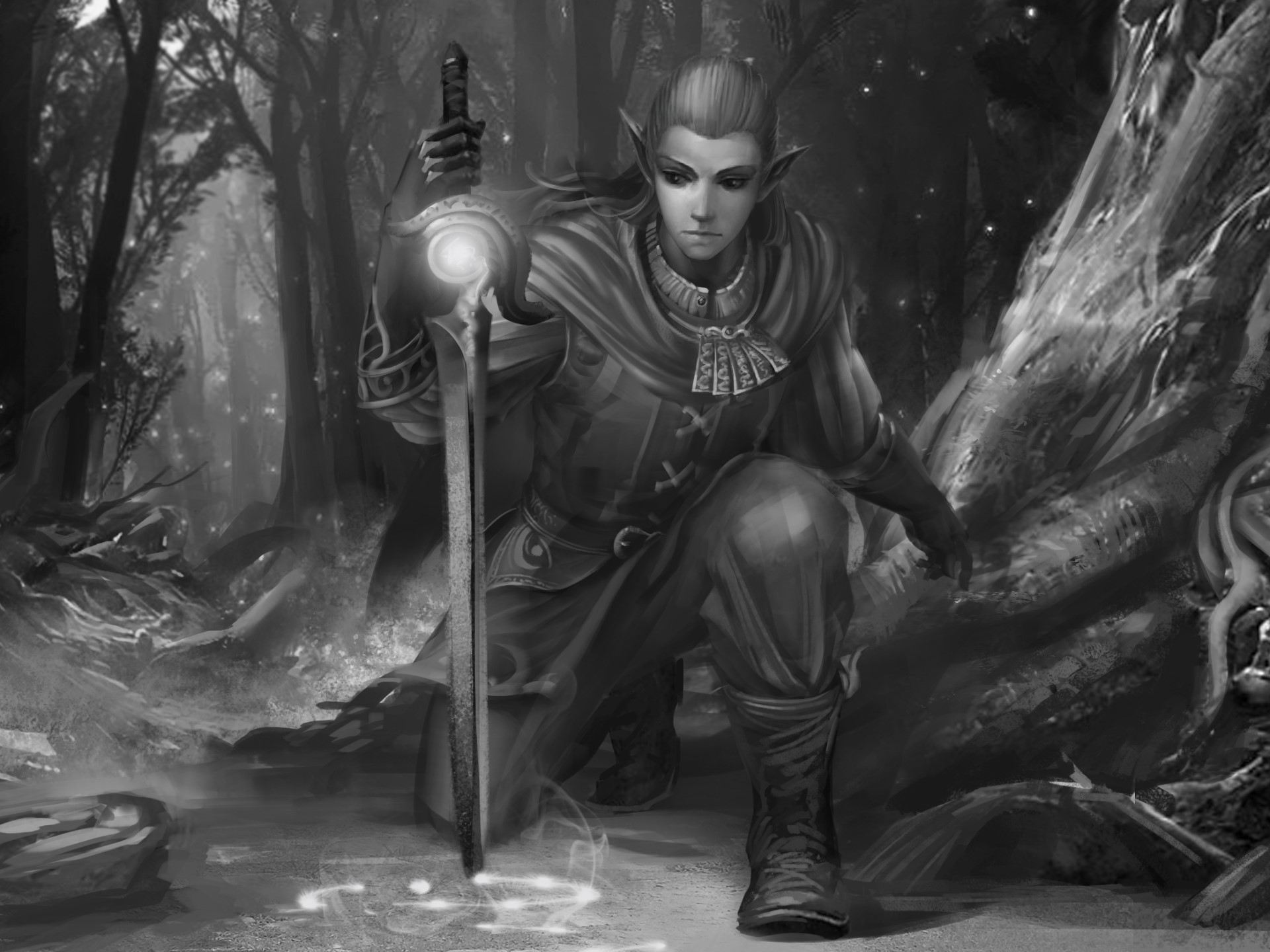 Elf warrior with glowing sword in forest HD Wallpaper