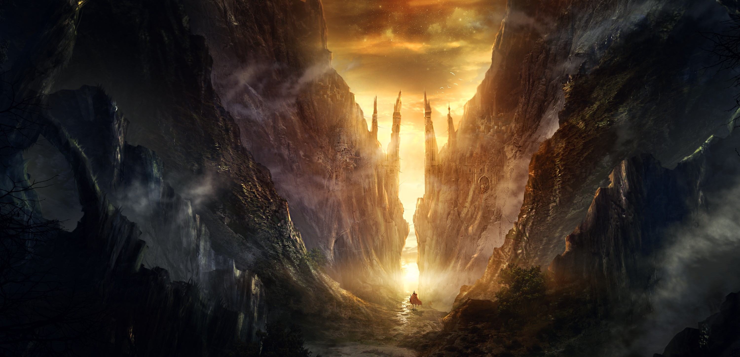 A lone figure walks through a mountain pass at sunset HD Wallpaper
