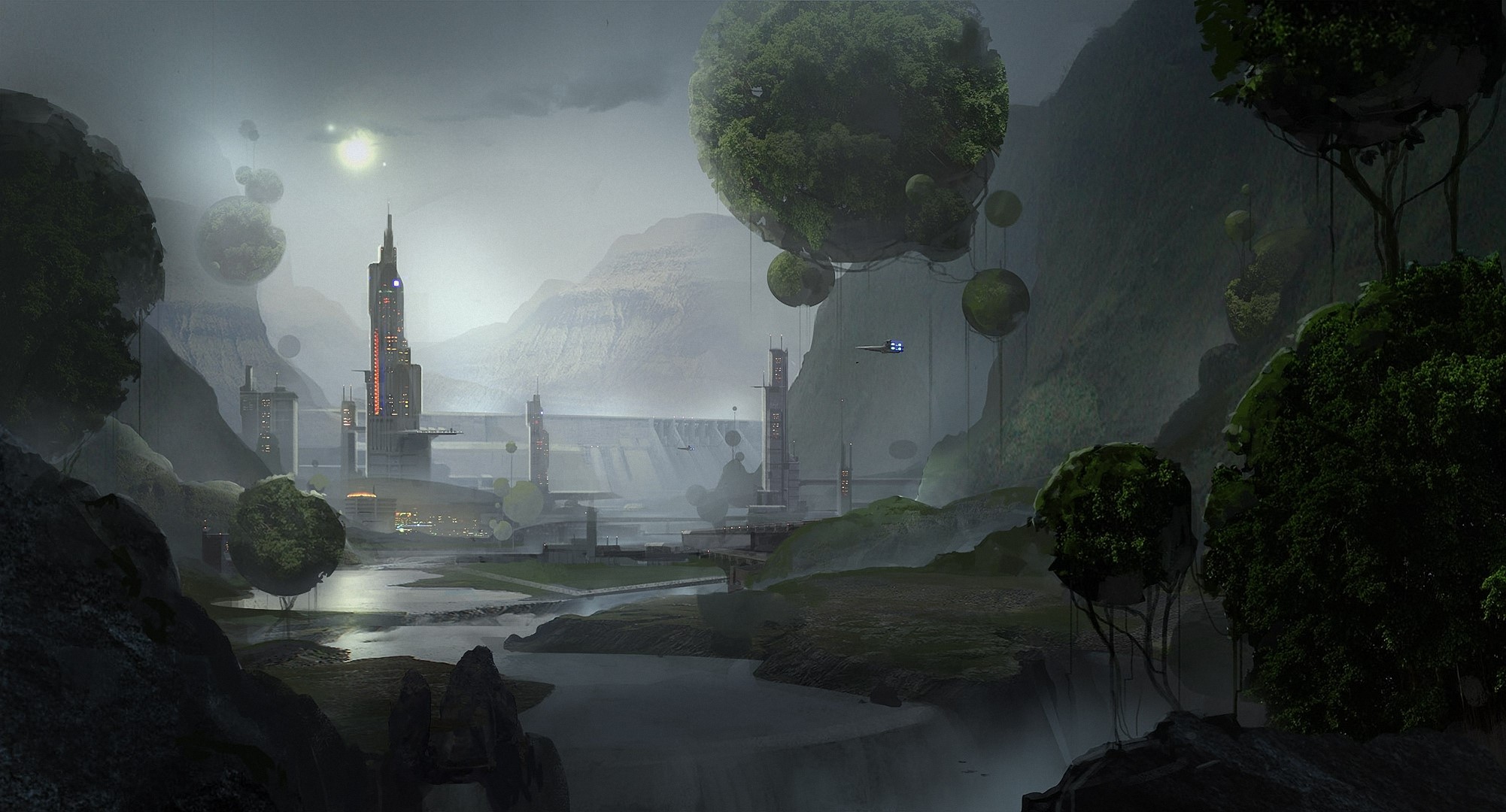 Floating islands and futuristic city in a misty valley HD Wallpaper