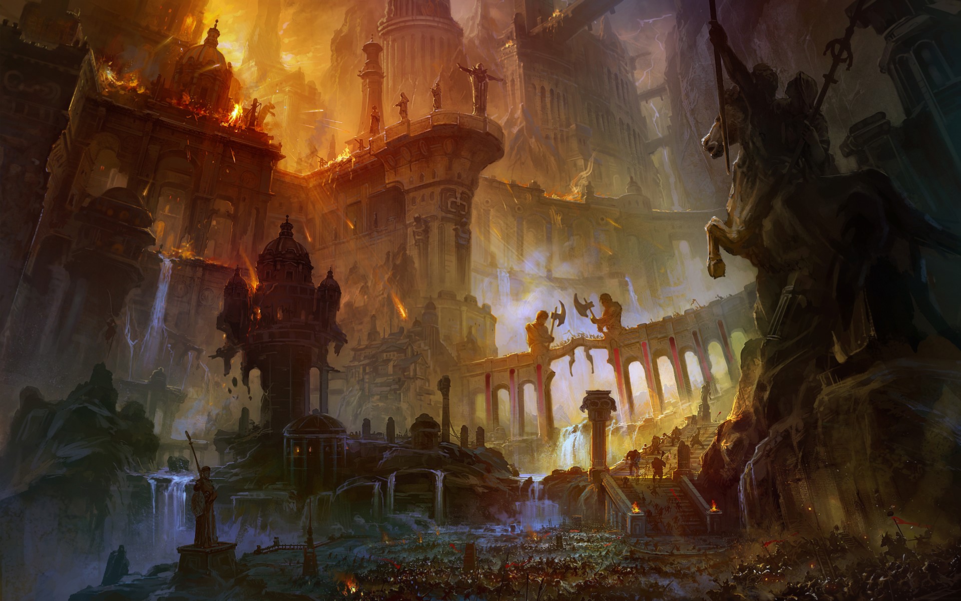War-torn ancient city with armies clashing HD Wallpaper