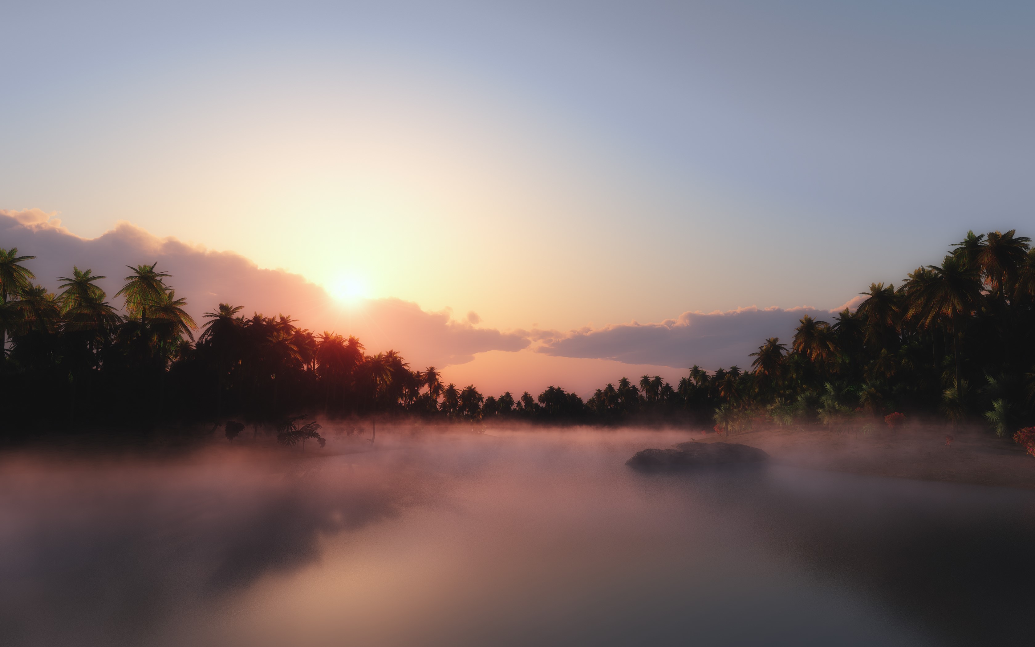 Misty jungle river at sunrise with palm trees HD Wallpaper