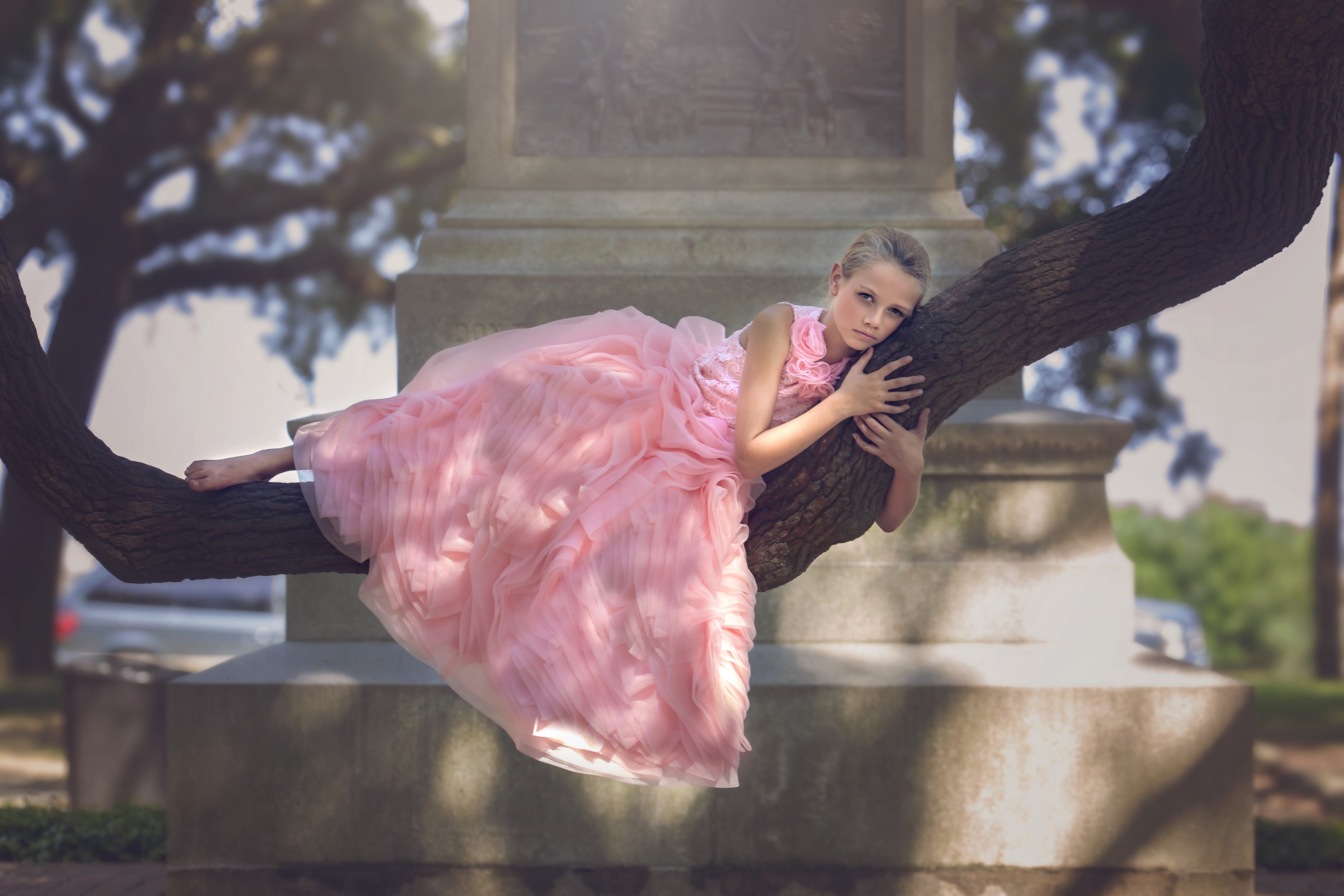 Girl in pink dress on tree branch HD Wallpaper
