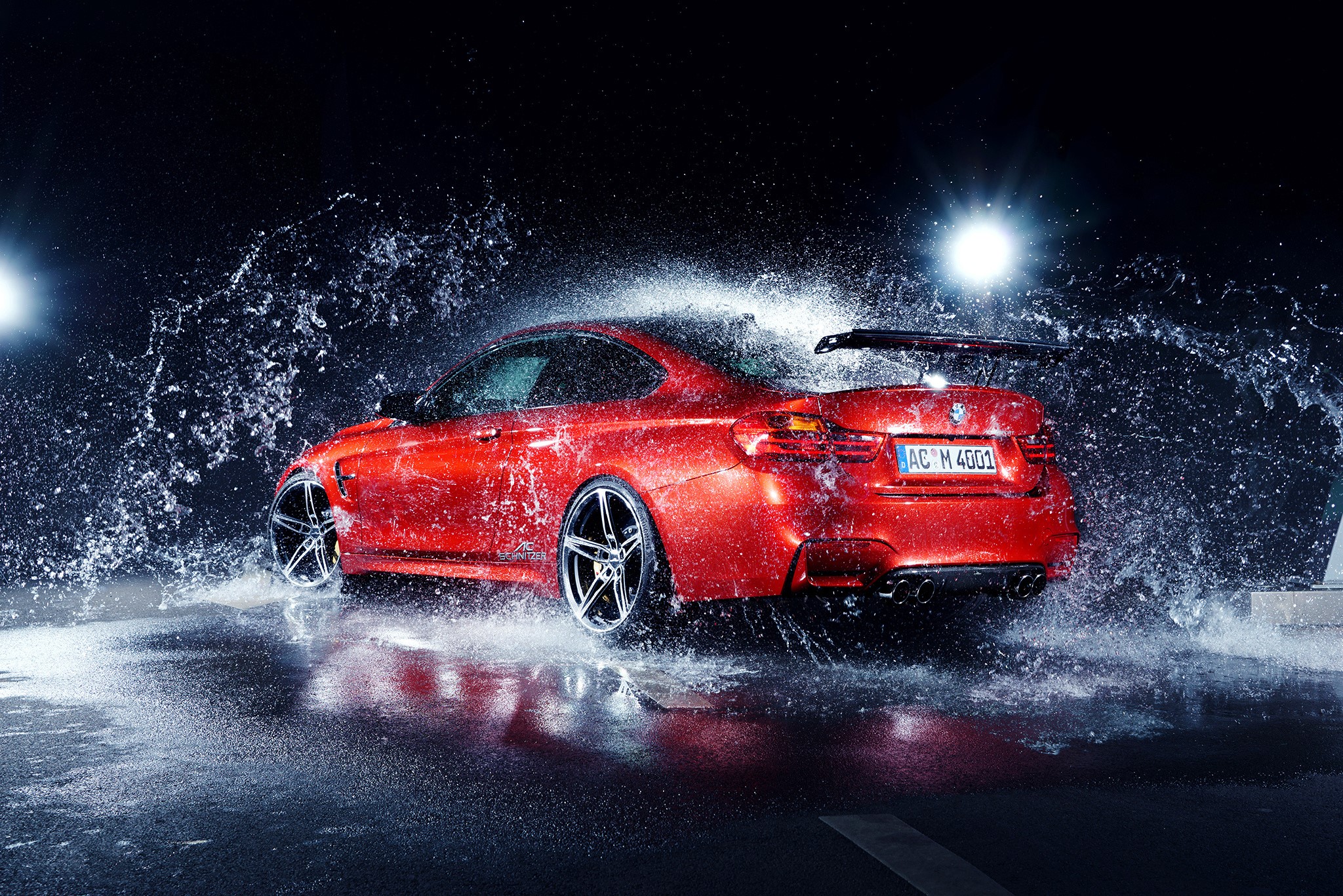 Red BMW M4 AC-Schnitzer with Water Splash HD Wallpaper