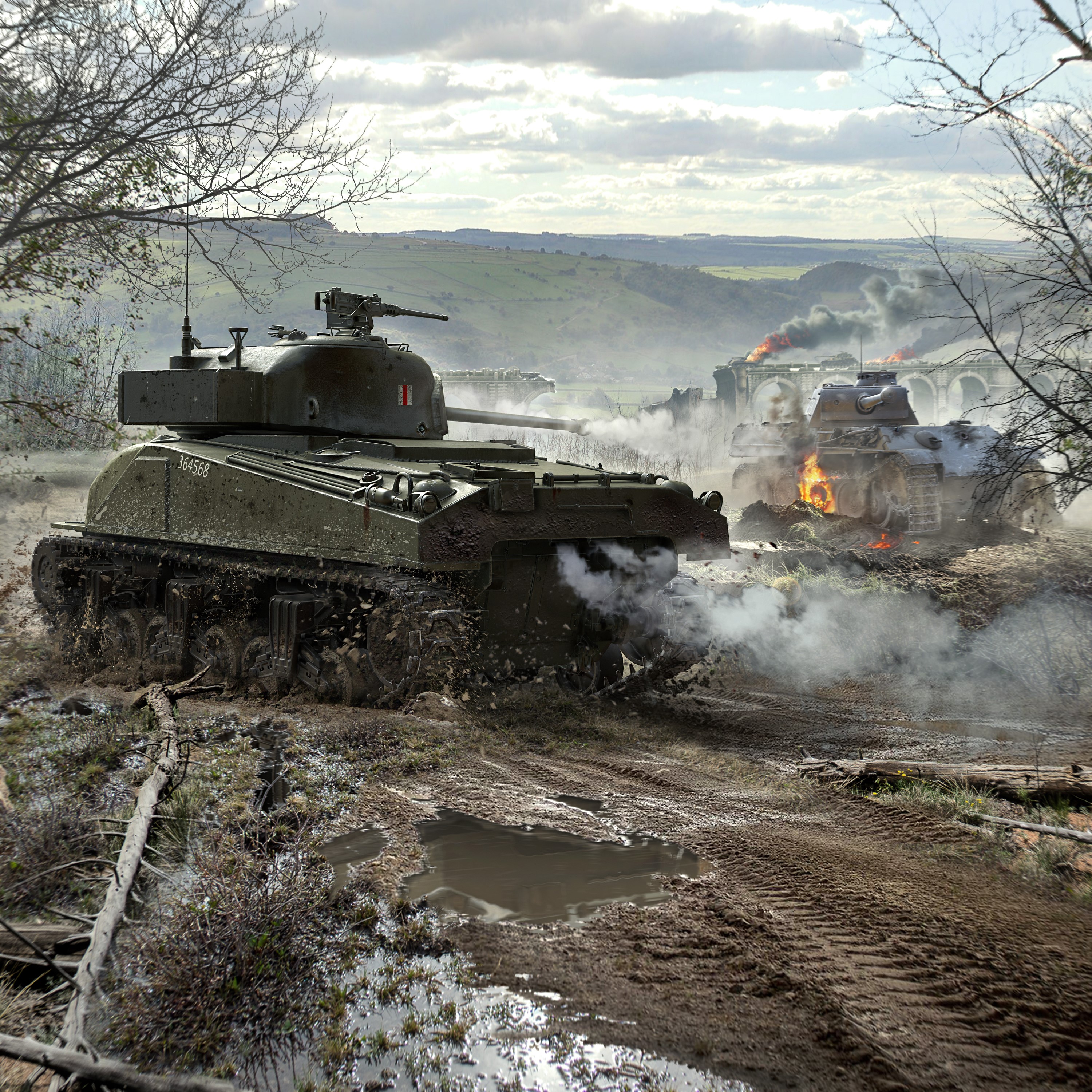 Sherman Firefly and Panther tanks in battle HD Wallpaper