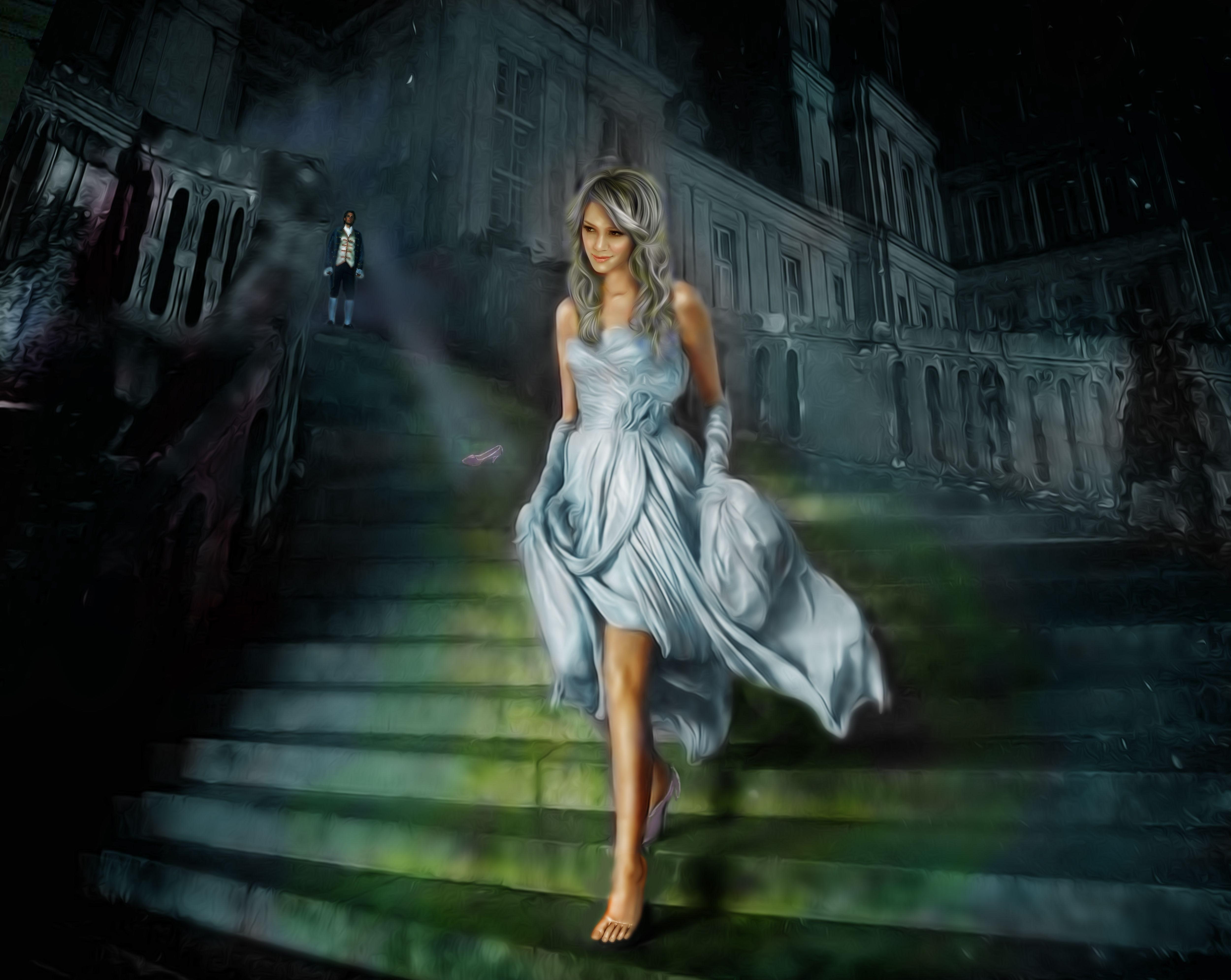 Blonde girl in a dress on stairs HD Wallpaper