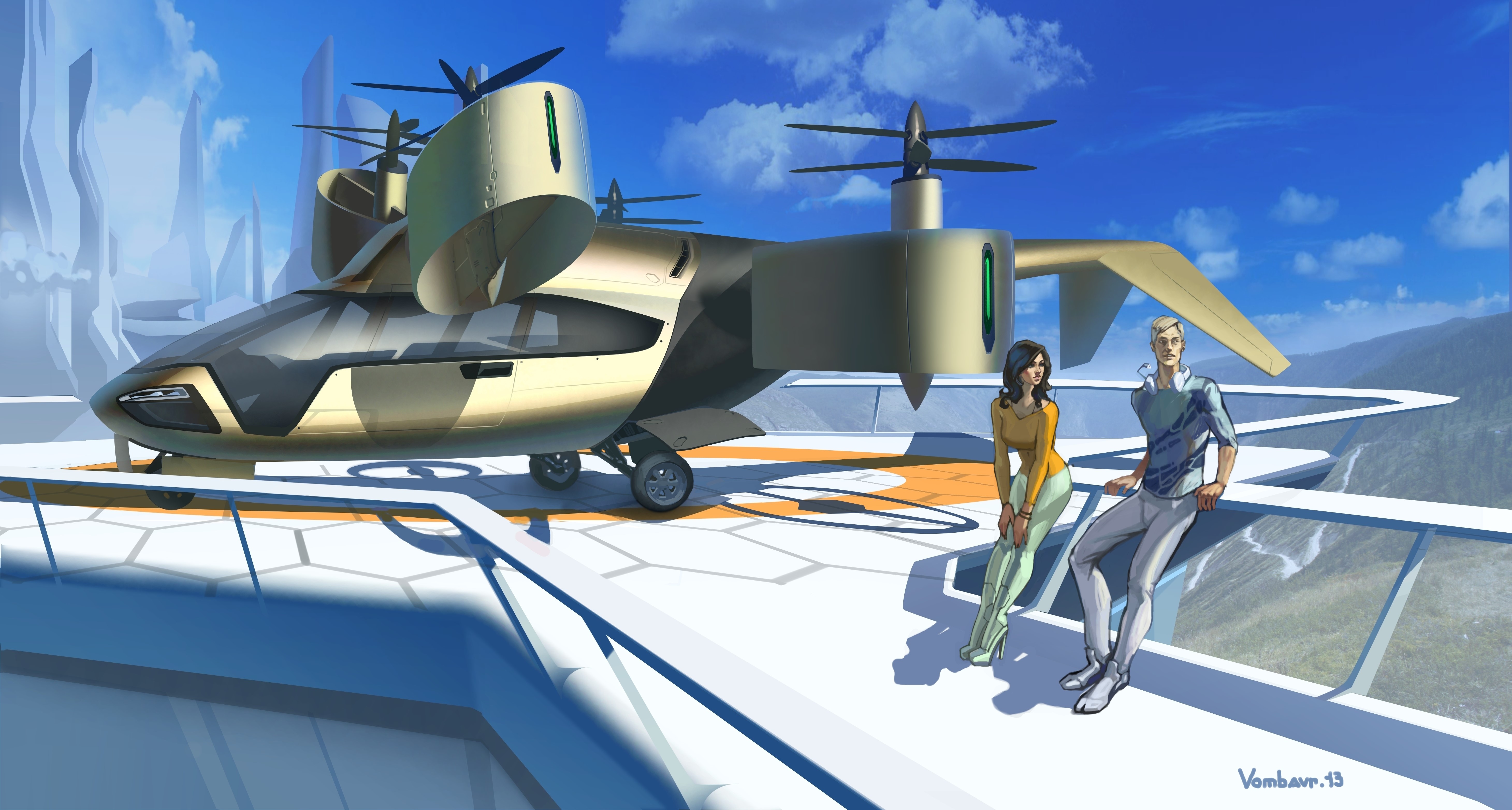 Convertiplane on a landing pad with two people HD Wallpaper