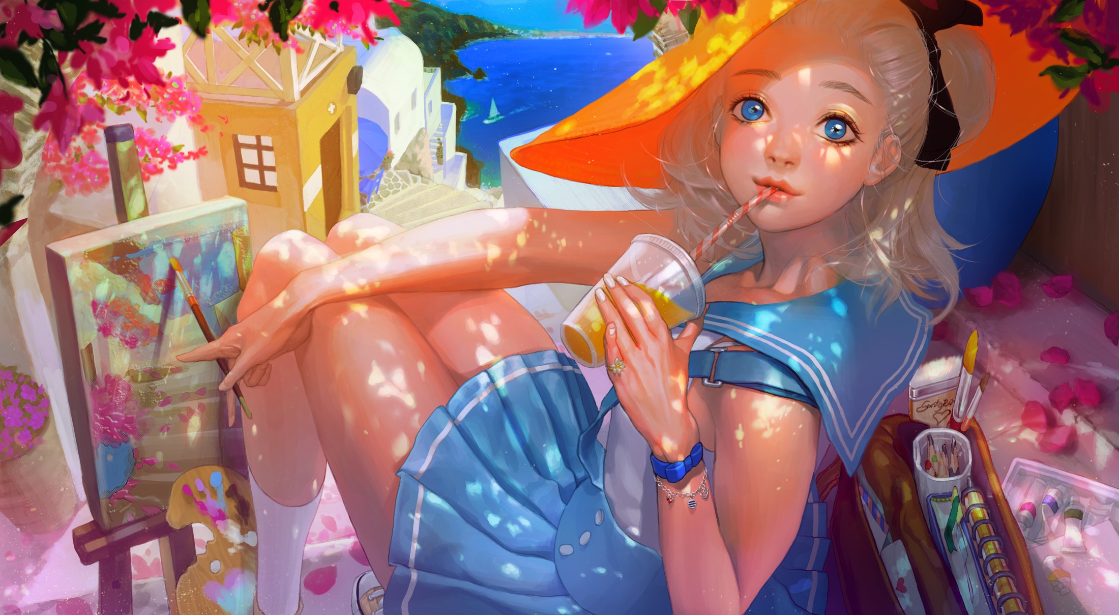 Girl in a sailor uniform painting by the sea HD Wallpaper