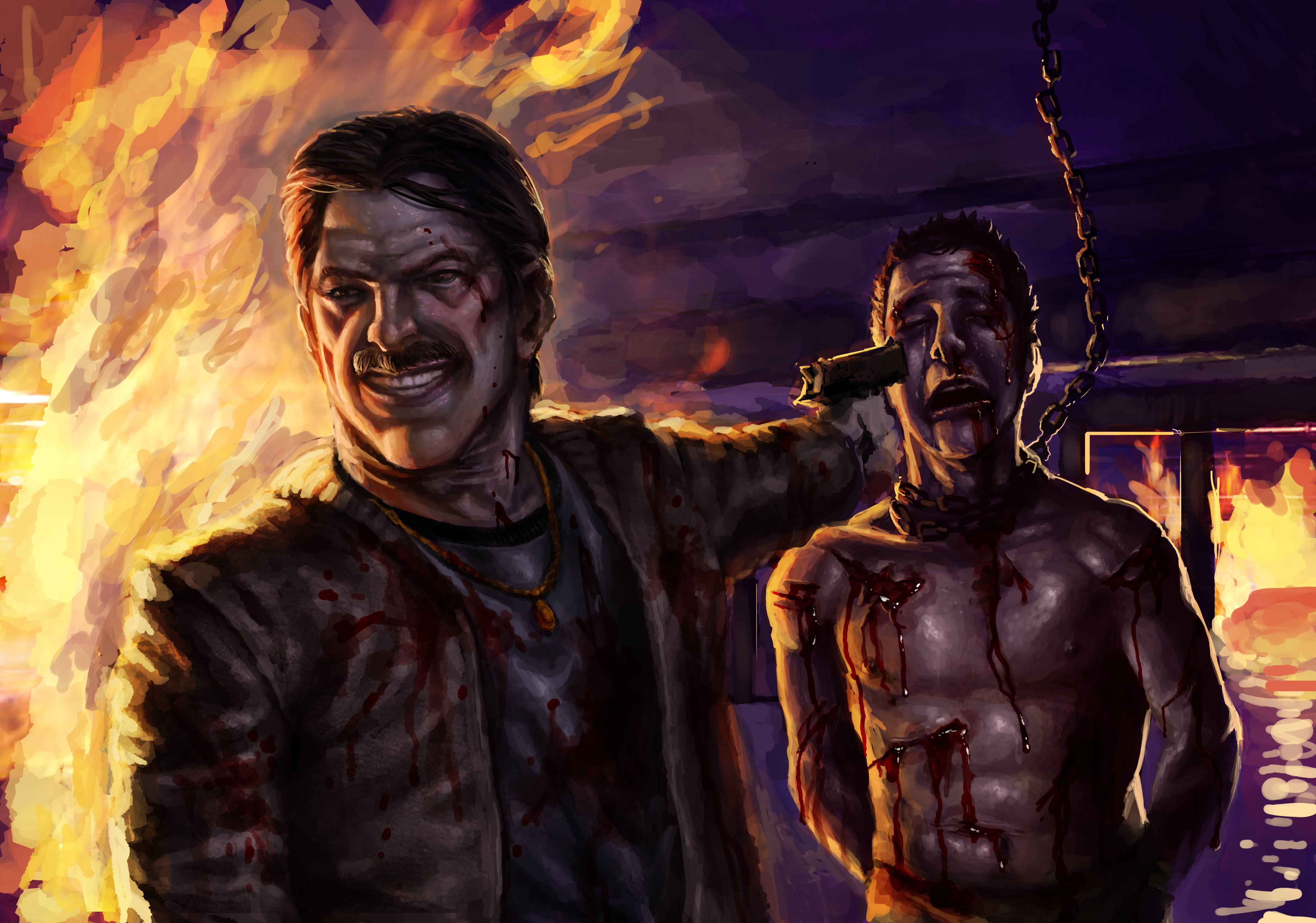 Two men, one holding a gun to the other's head, with fire in the background HD Wallpaper