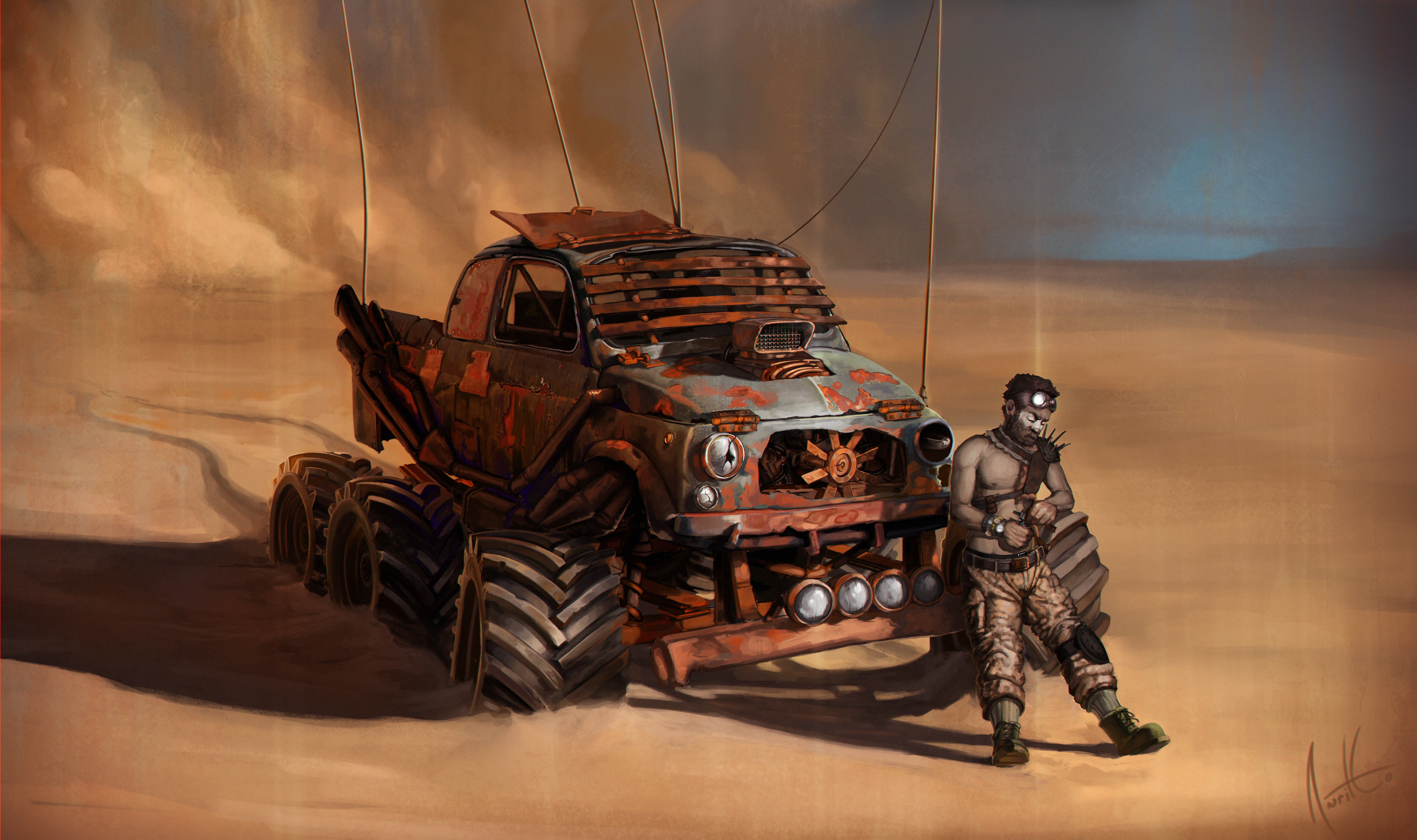 Man and modified vehicle in desert HD Wallpaper