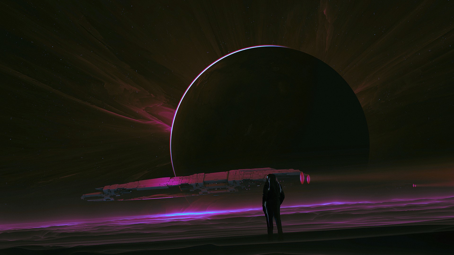 Astronaut and spaceship near a planet HD Wallpaper
