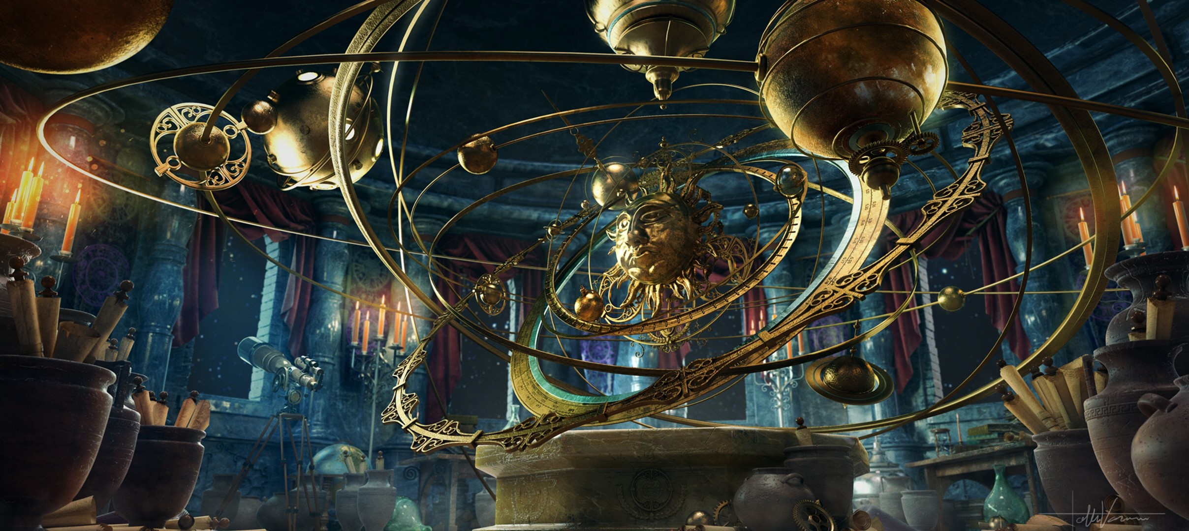 Steampunk orrery in a dimly lit study HD Wallpaper