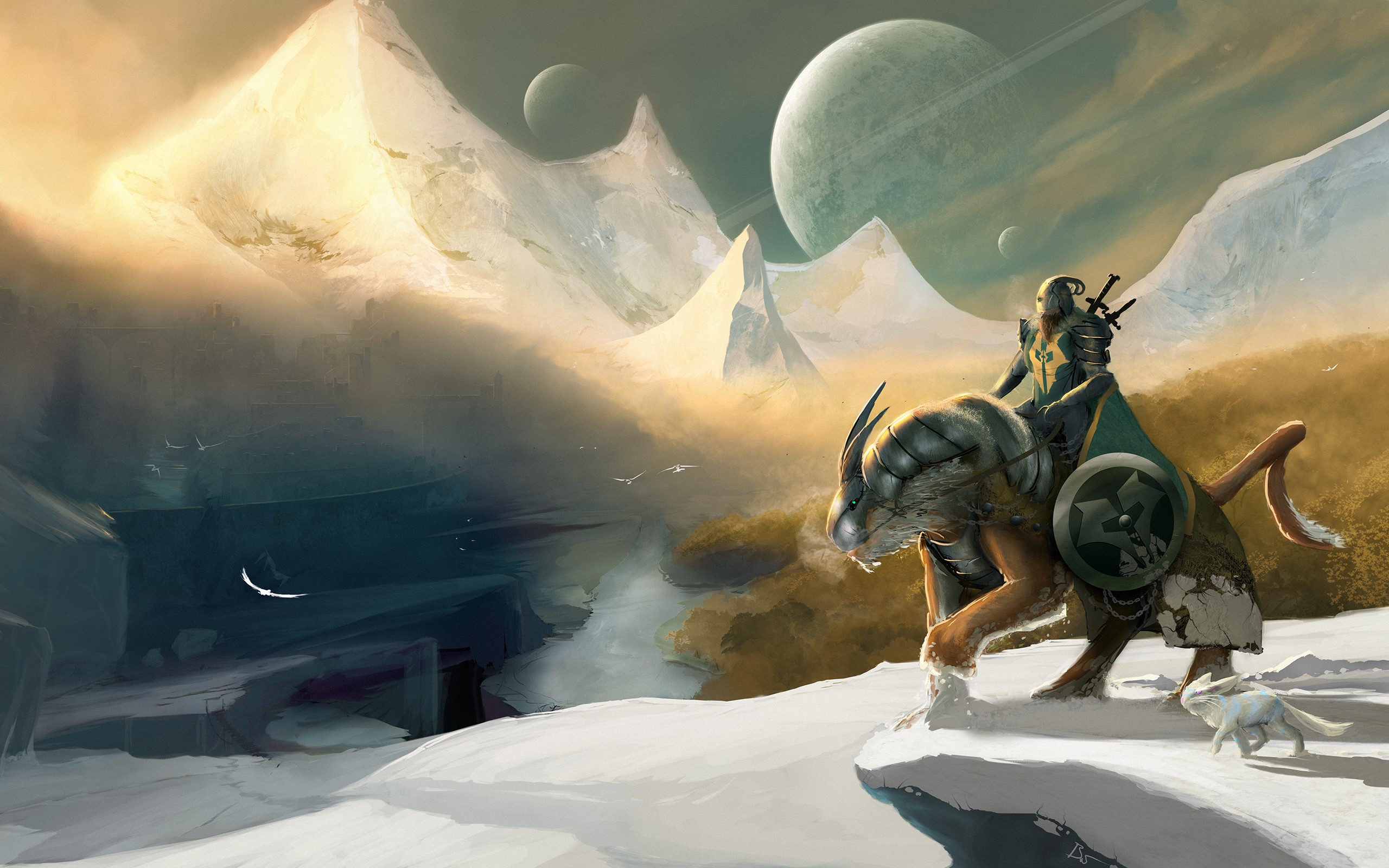 Warrior riding a beast in a fantasy winter landscape HD Wallpaper
