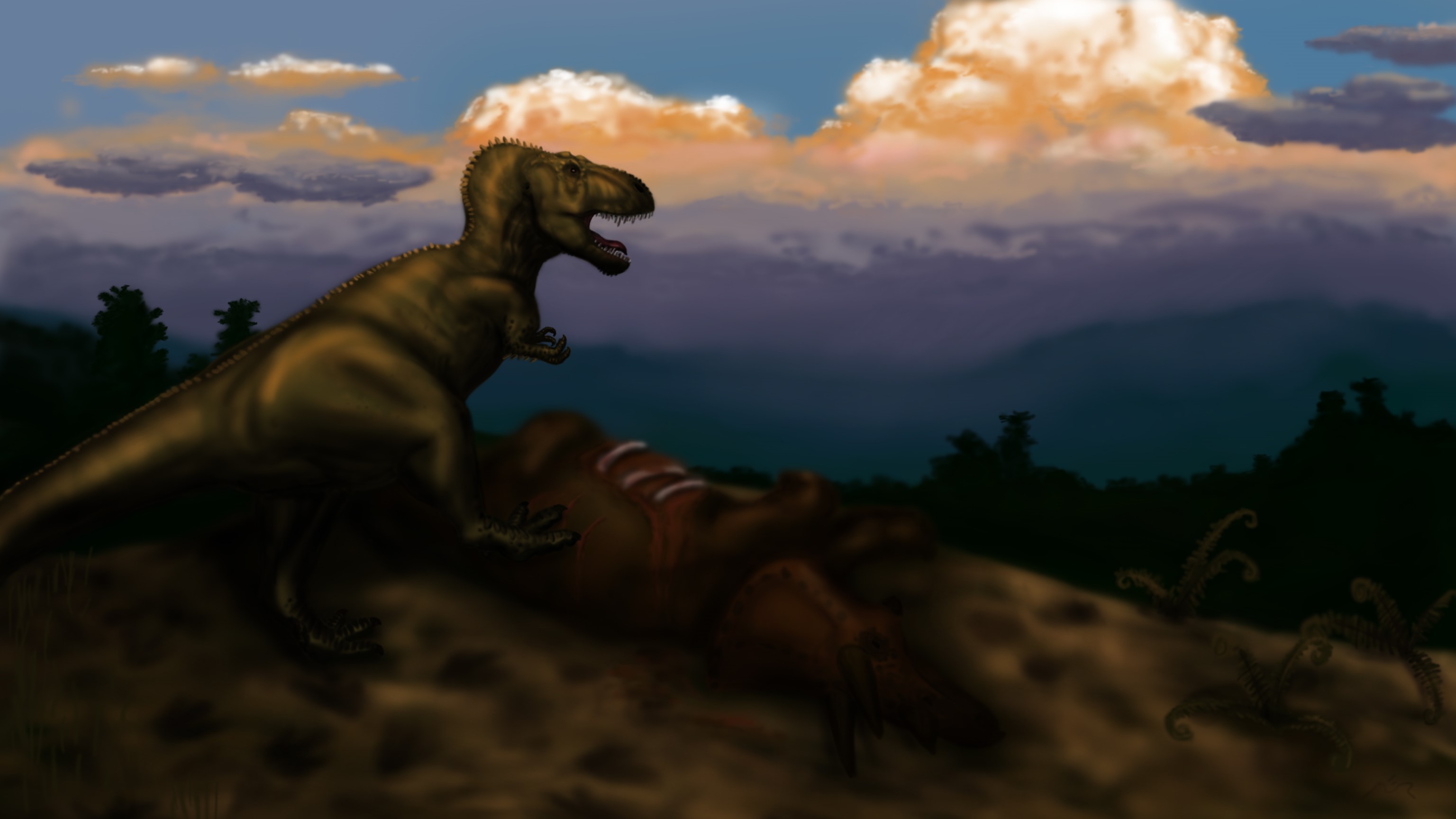 Tyrannosaurus Rex feeding on a carcass at sunset HD Wallpaper