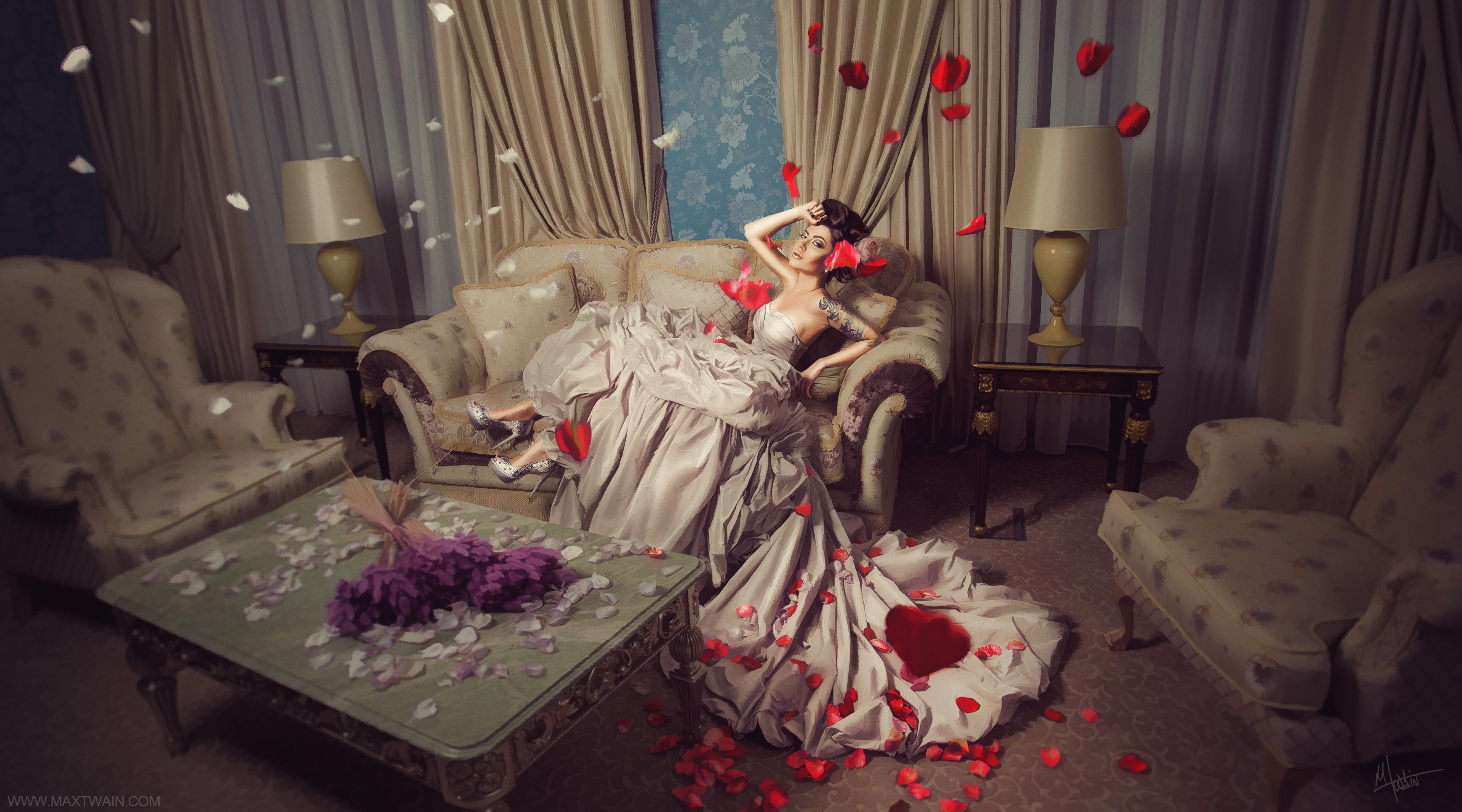 Woman in a dress with petals in a room HD Wallpaper