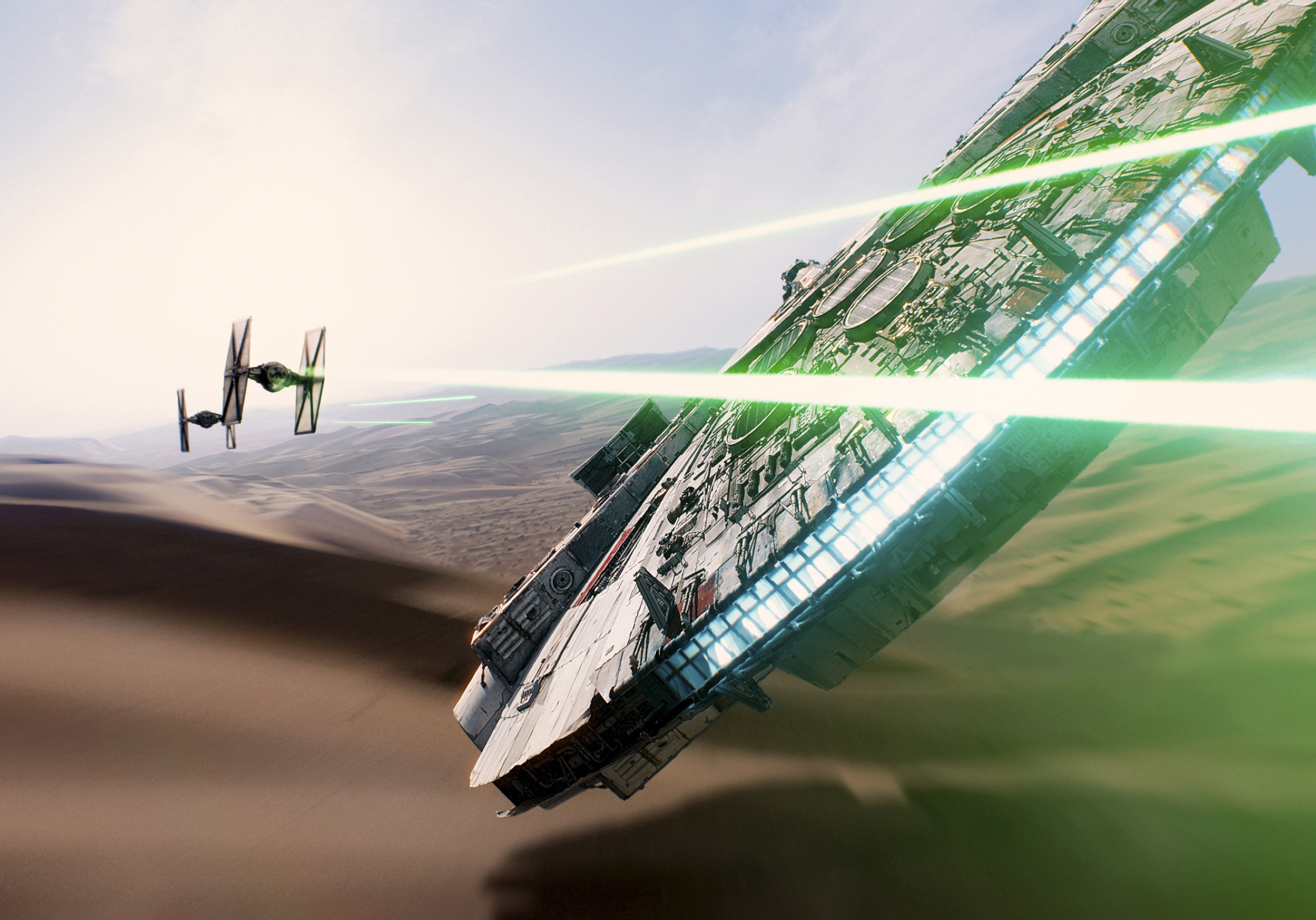 4K Star Wars: The Force Awakens TIE Fighter and Millennium Falcon HD Wallpaper