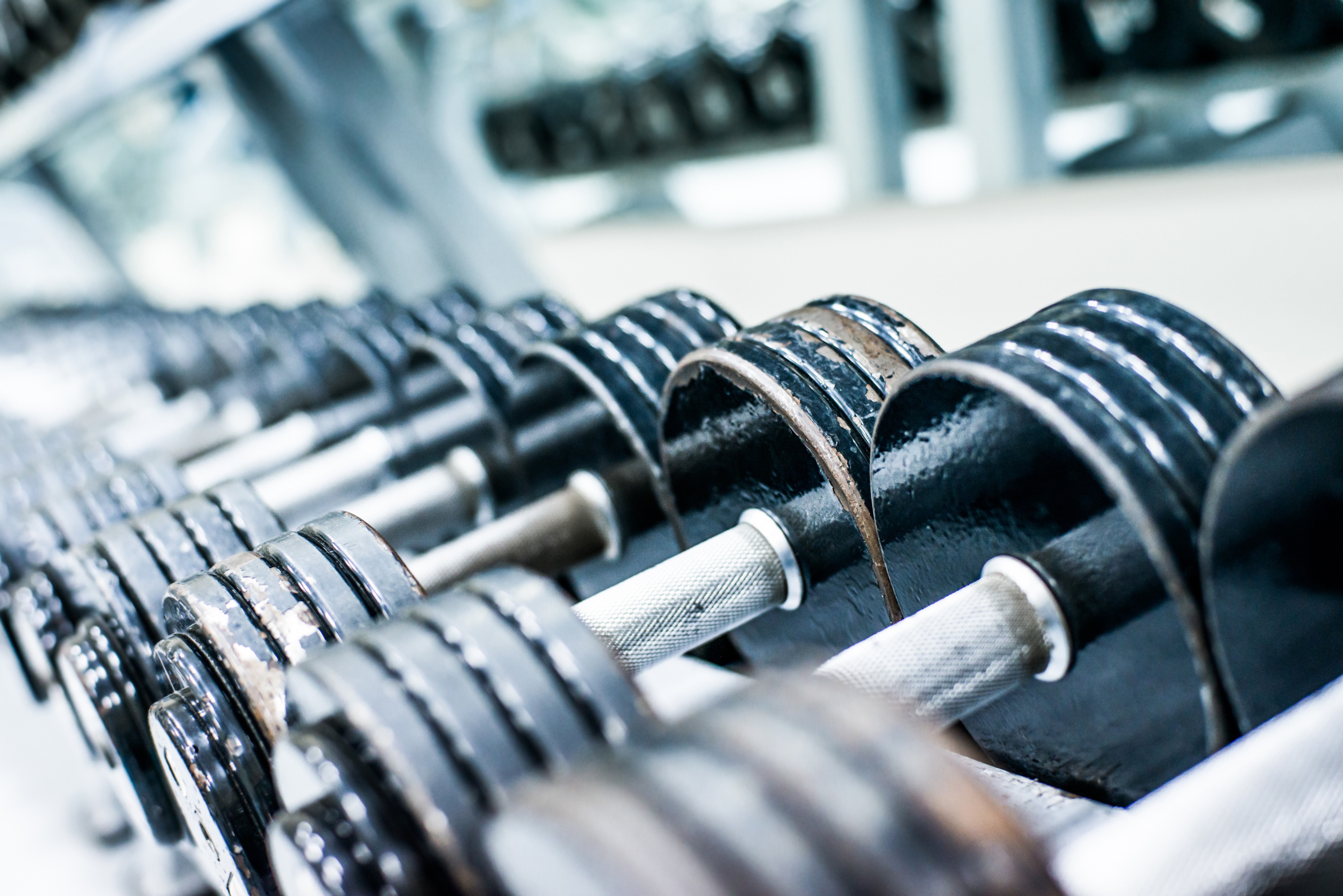 Dumbbells on a rack in a gym HD Wallpaper