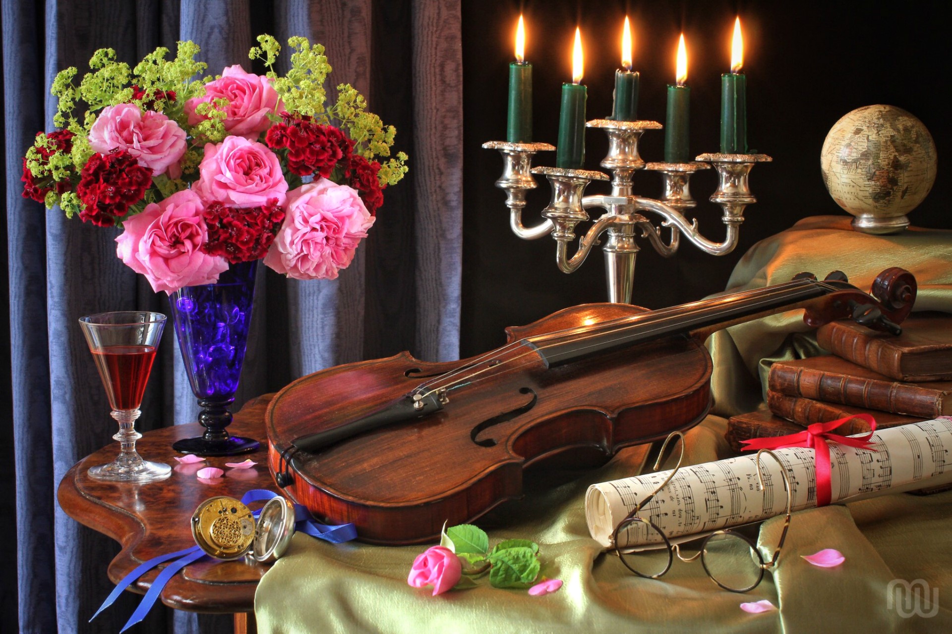 Still-life with violin, flowers, and candles HD Wallpaper