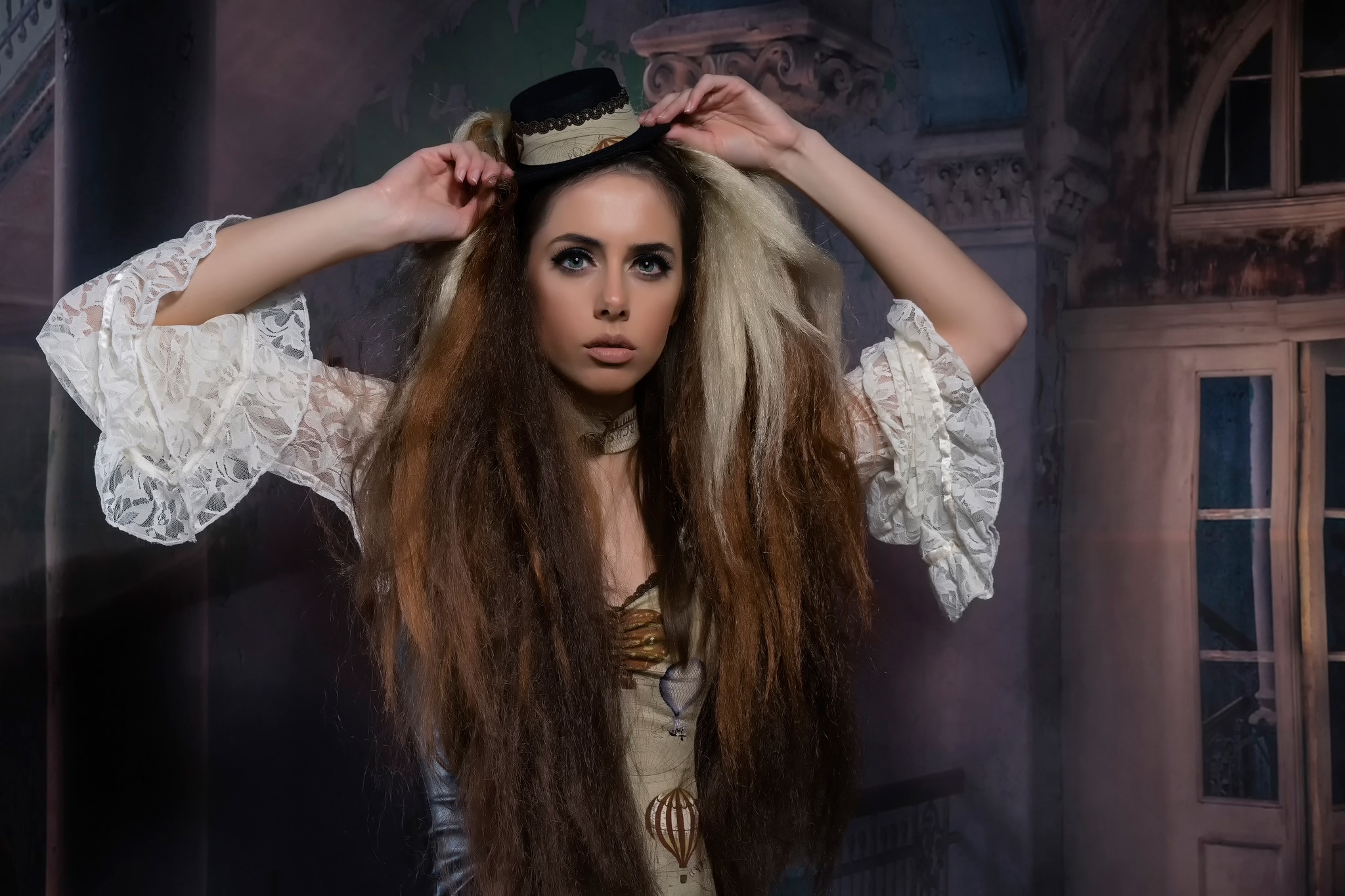 Woman with steampunk hat and costume HD Wallpaper