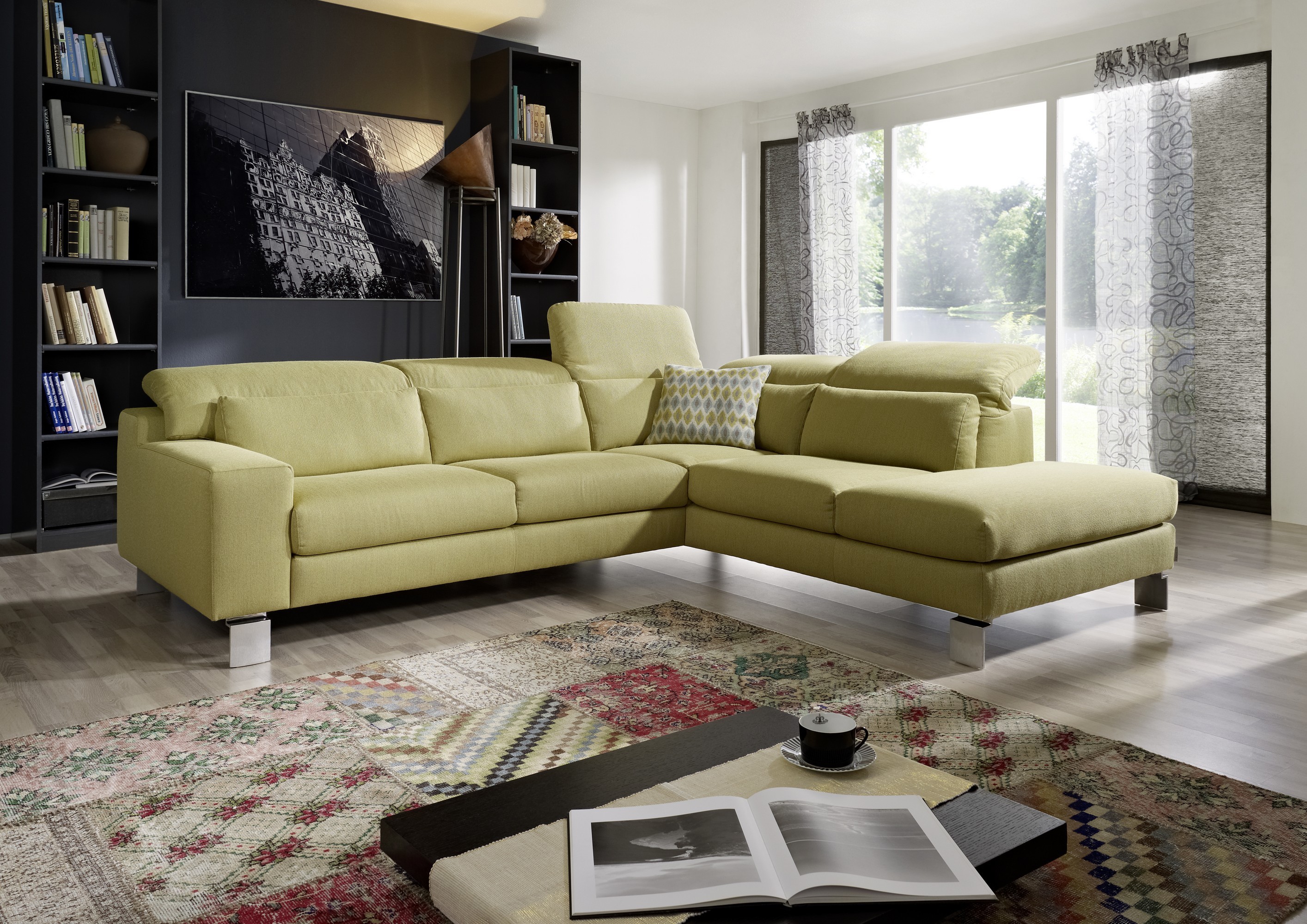 Modern living room with sectional sofa and bookshelves HD Wallpaper