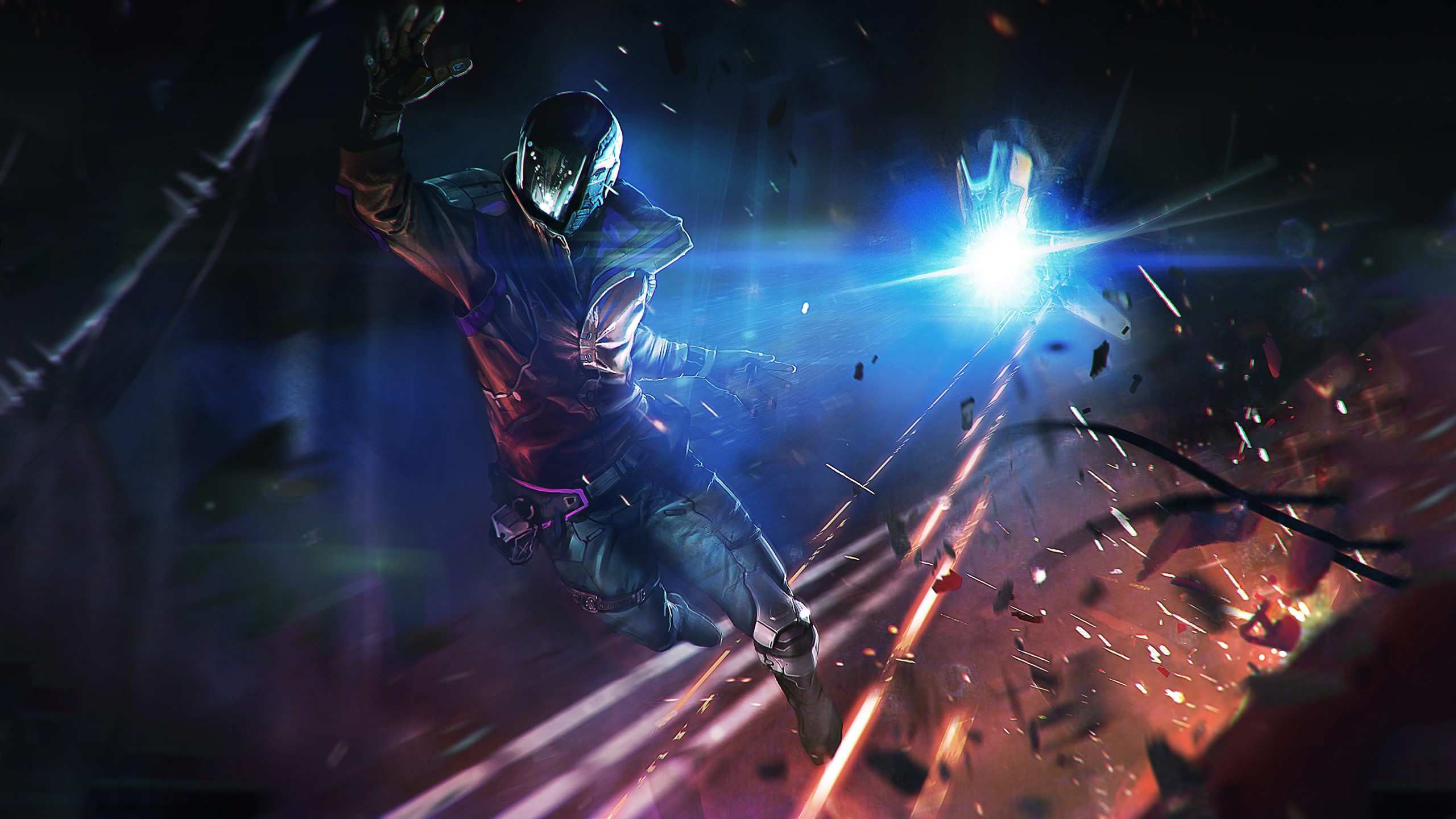 Man in helmet jumping with blue energy blast HD Wallpaper