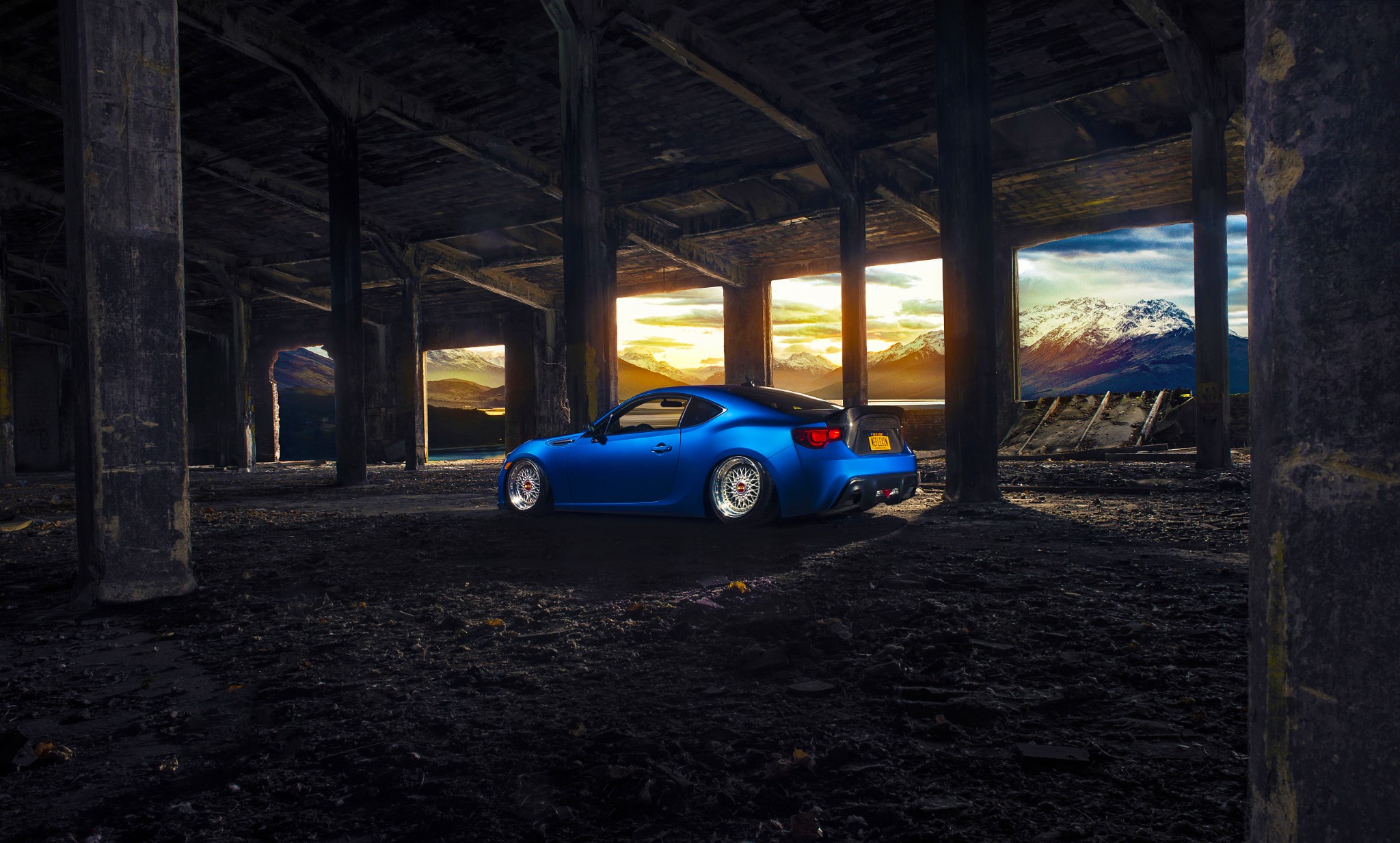 Blue Subaru BRZ with BBS wheels under a bridge HD Wallpaper