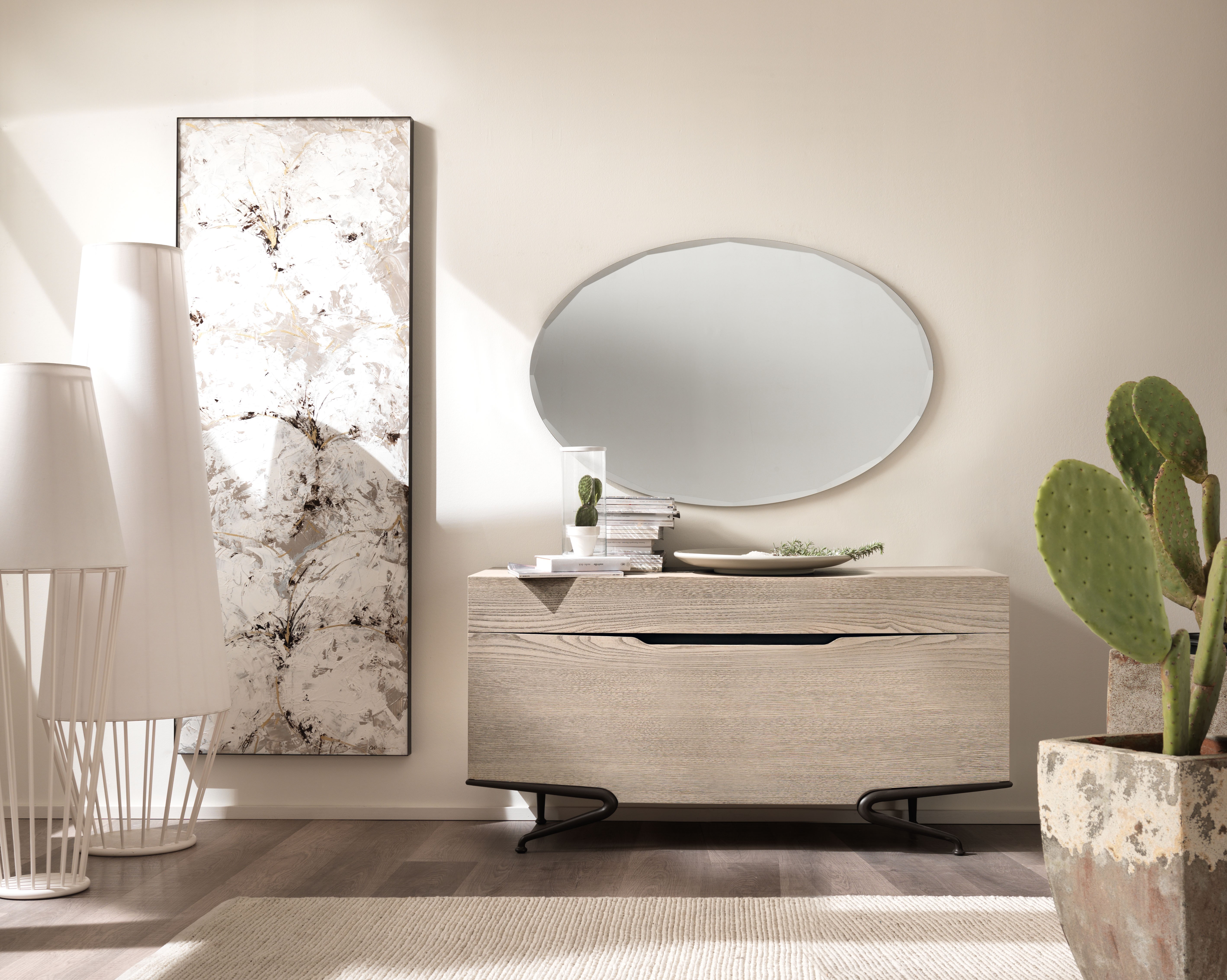 Interior with abstract art and mirror HD Wallpaper