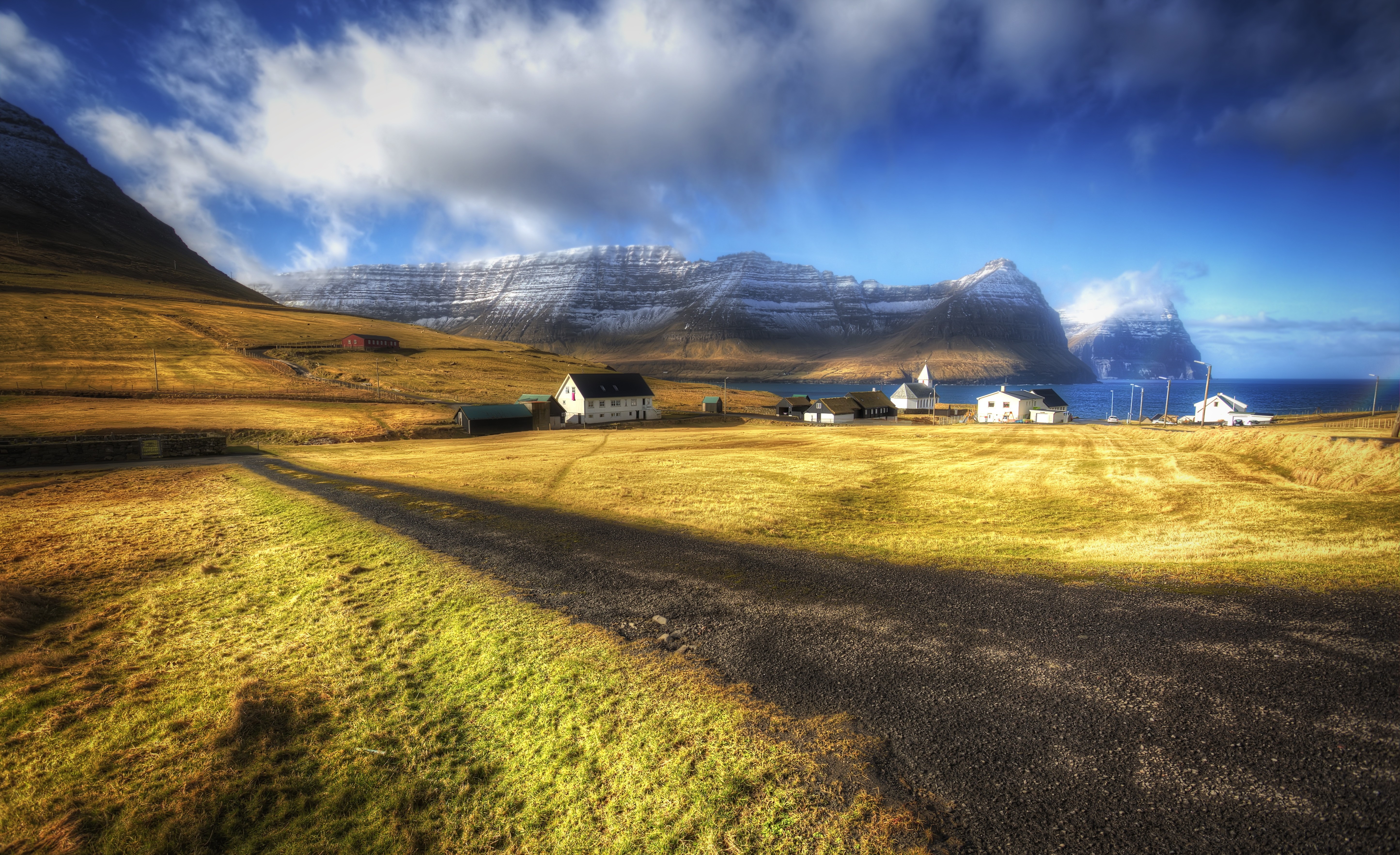 Faroe Islands village with mountains and road HD Wallpaper