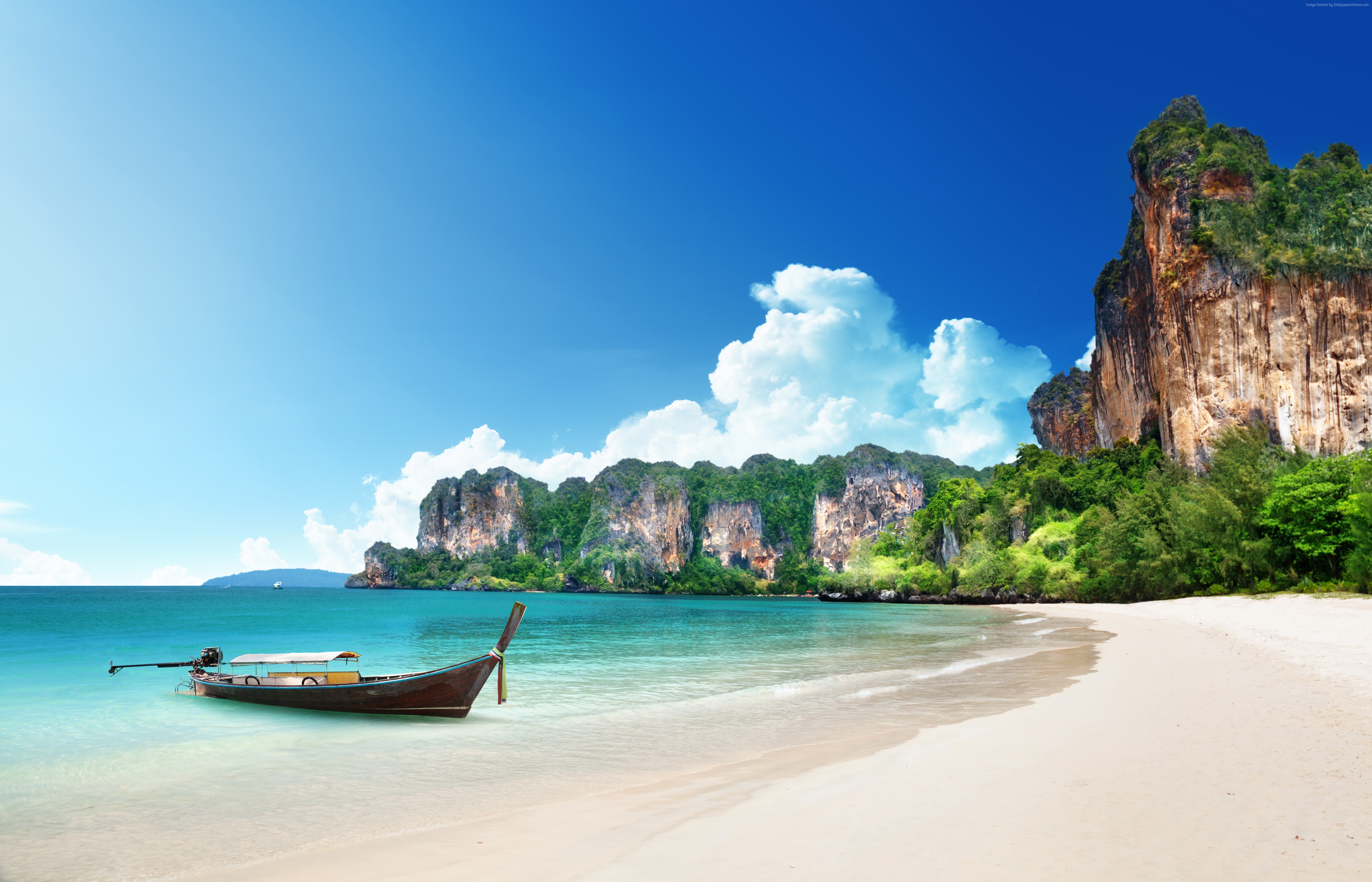 Longtail boat on a beach in Krabi, Thailand HD Wallpaper