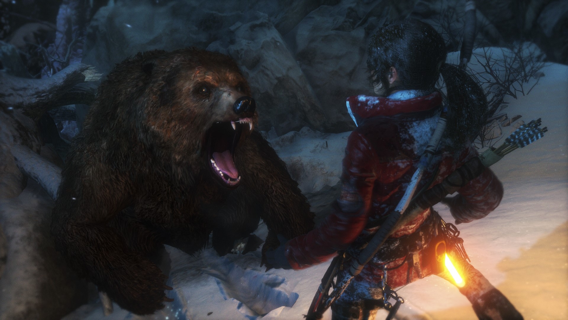Lara Croft from Rise of the Tomb Raider fighting a bear HD Wallpaper