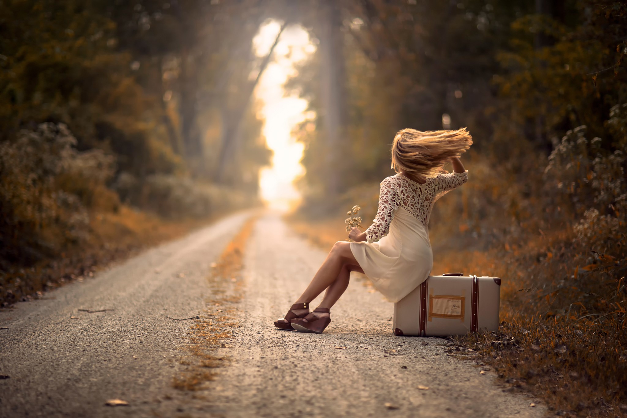 Woman sitting on suitcase on a road HD Wallpaper