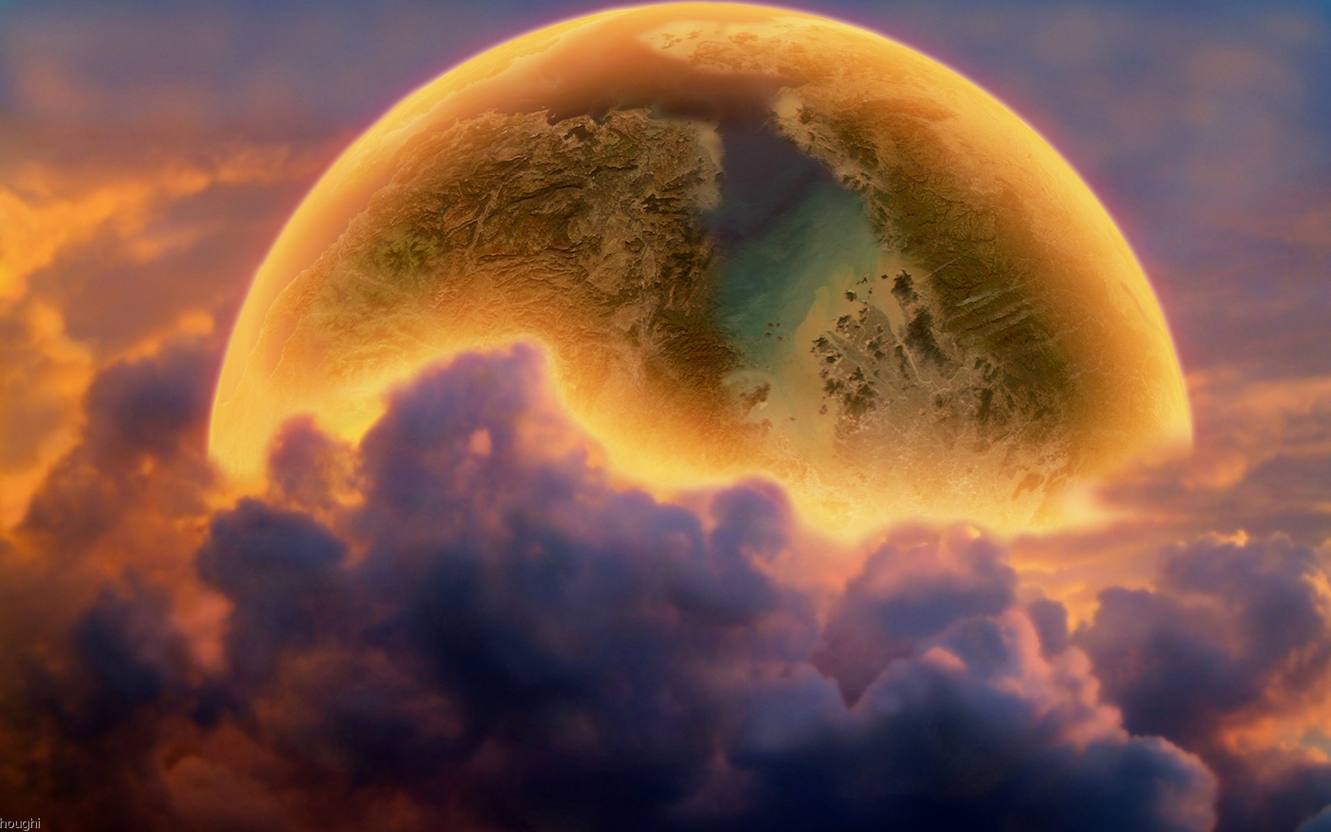 Planet emerging from clouds at sunset HD Wallpaper